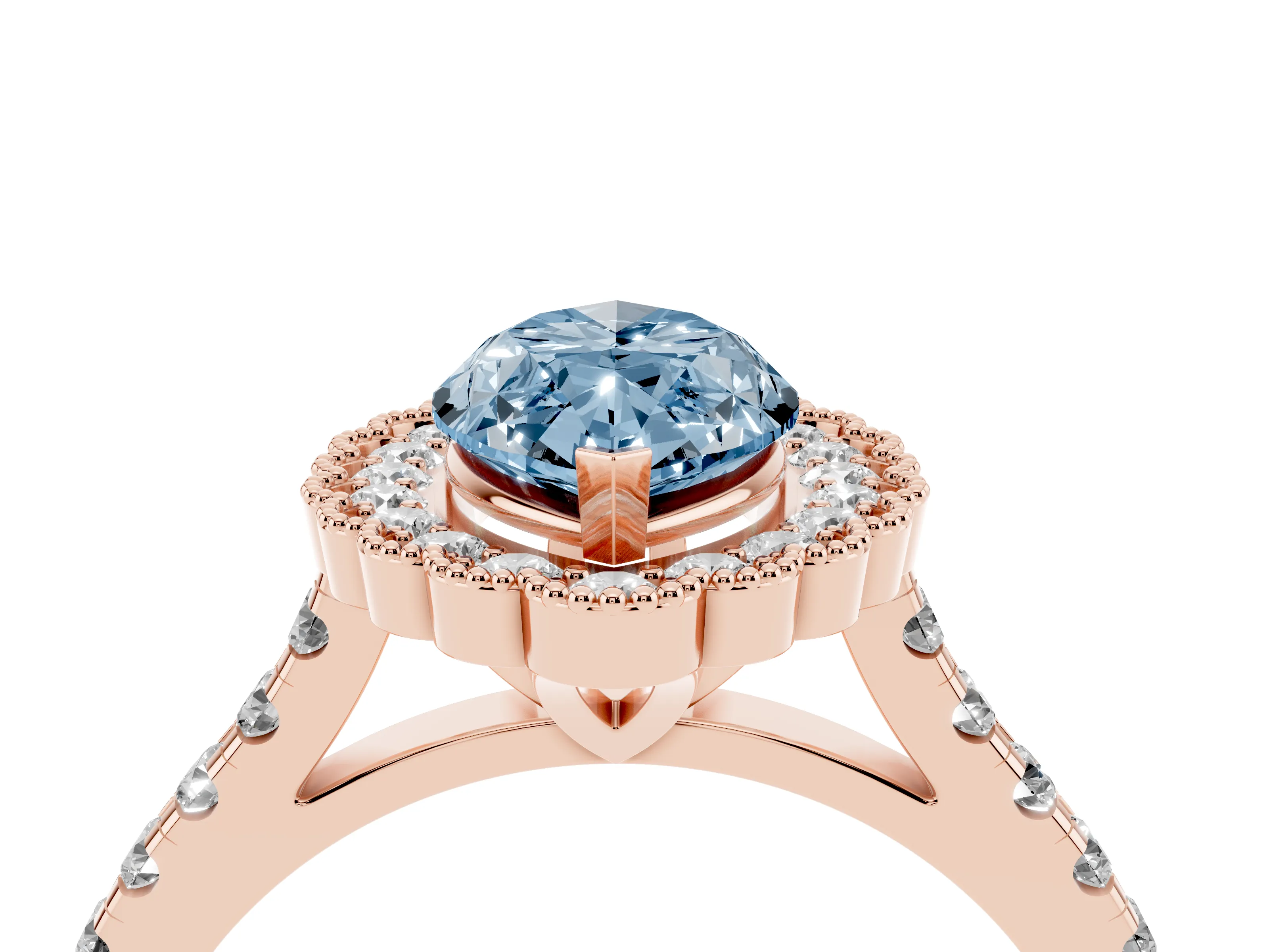 Fancy Blue Marquise Cut Diamond Milgrain Floral Halo Engagement Ring Set in Rose gold with Pavé Band