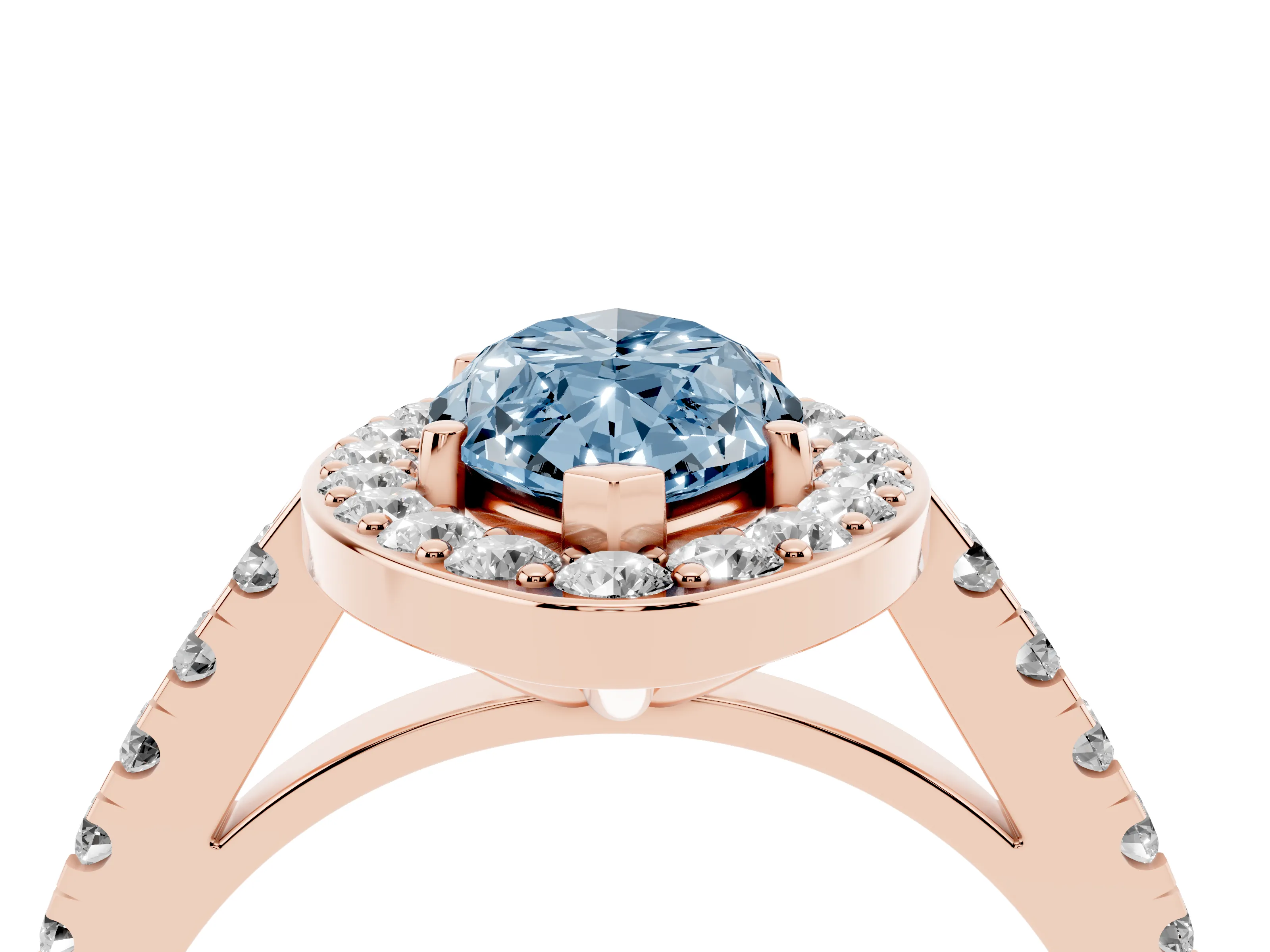 Fancy Blue Marquise Cut Diamond Halo Ring Set in Rose gold with Round Pavé Split Shank and Prong Setting