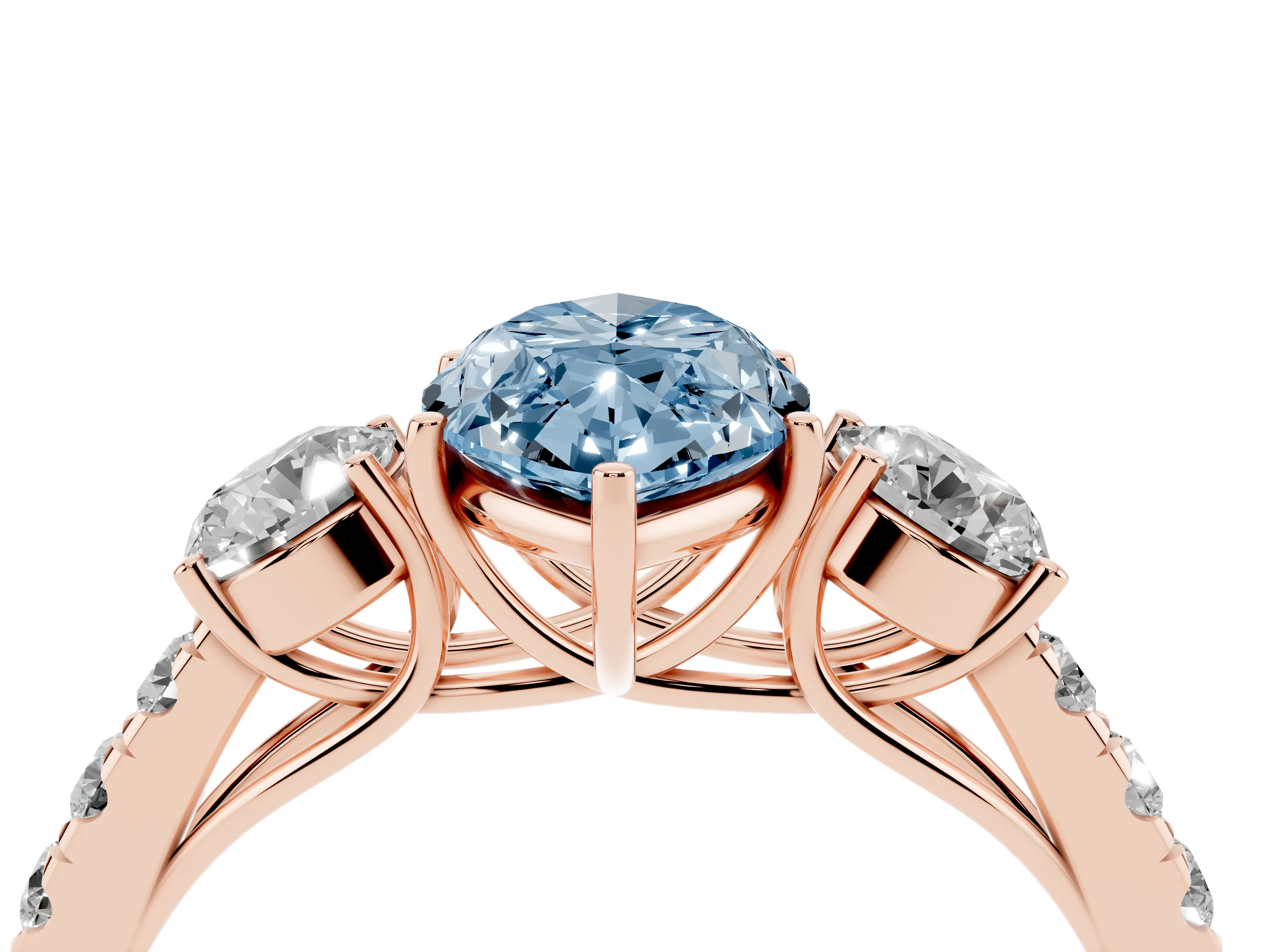 Fancy Blue Marquise Cut Diamond Three-Stone Ring Set in Rose gold with Round Side Stones and Delicate Pavé Band