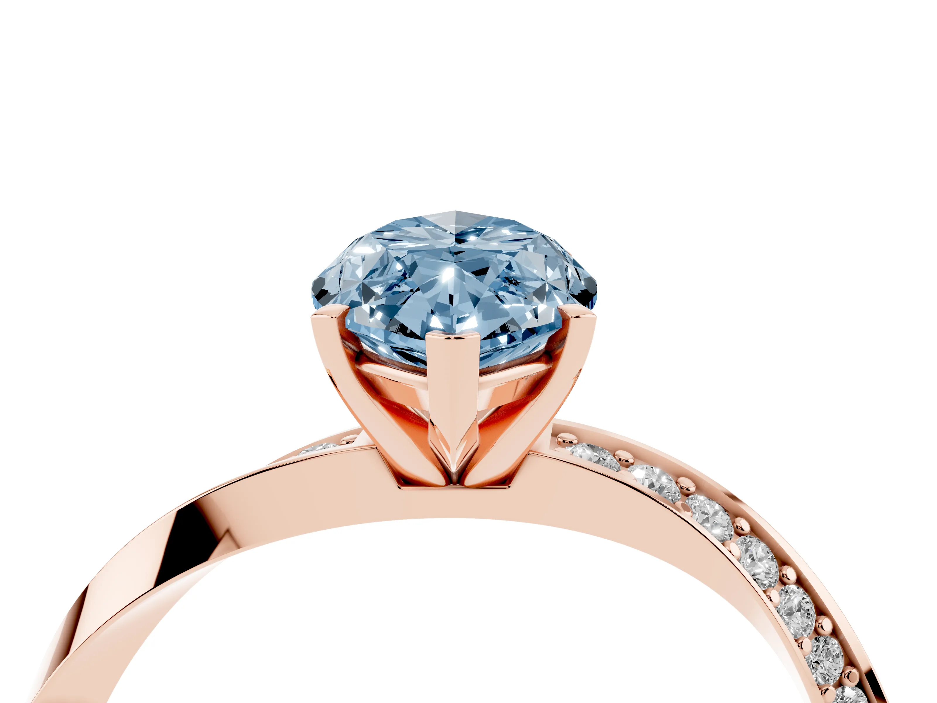 Fancy Blue Marquise Cut Diamond Engagement Ring Set in Rose gold with Side Stone Accents and Prong Setting