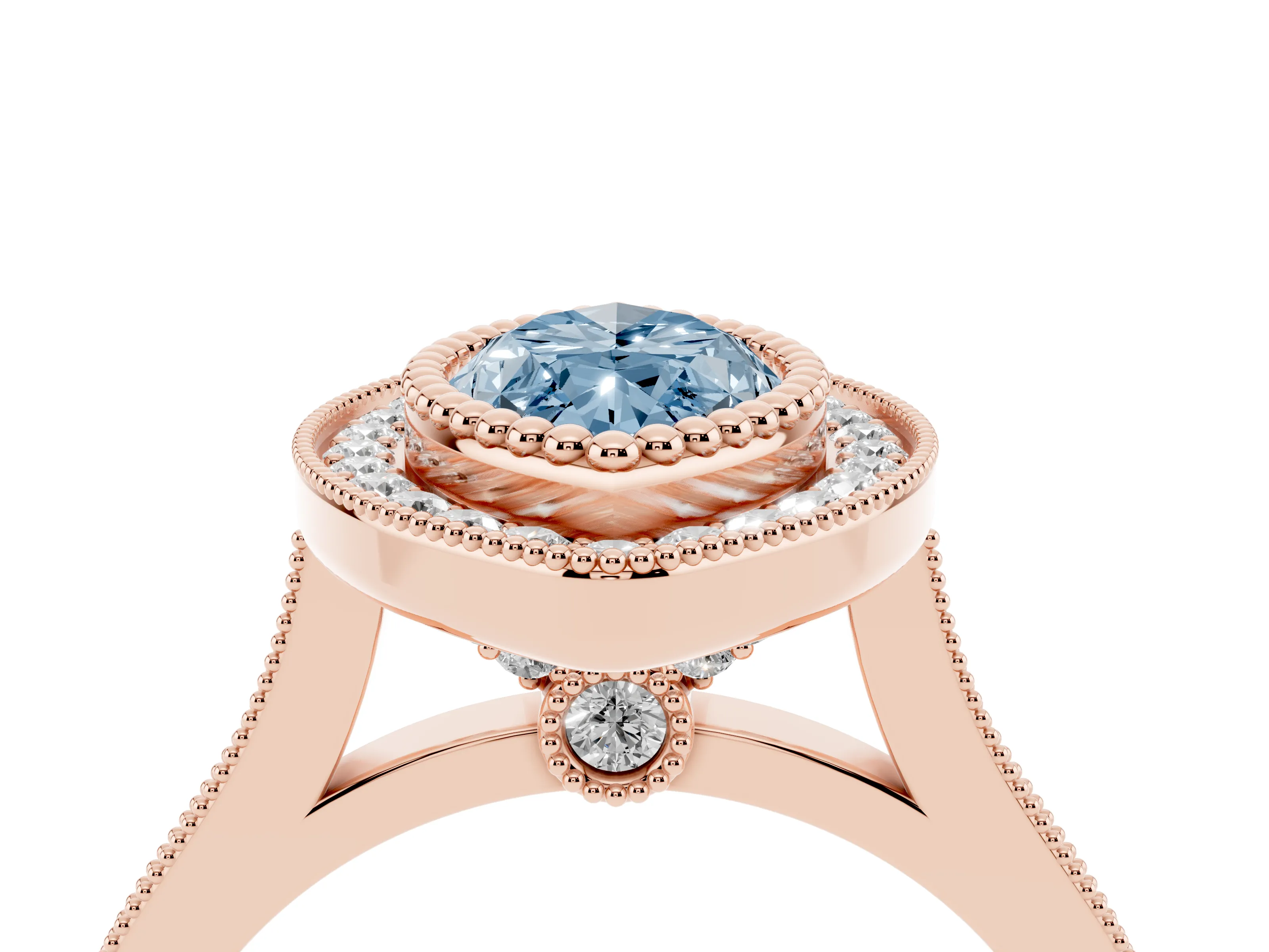 Fancy Blue Marquise Cut Diamond Halo Ring Set in Rose gold with Milgrain Frame and Pavé Band