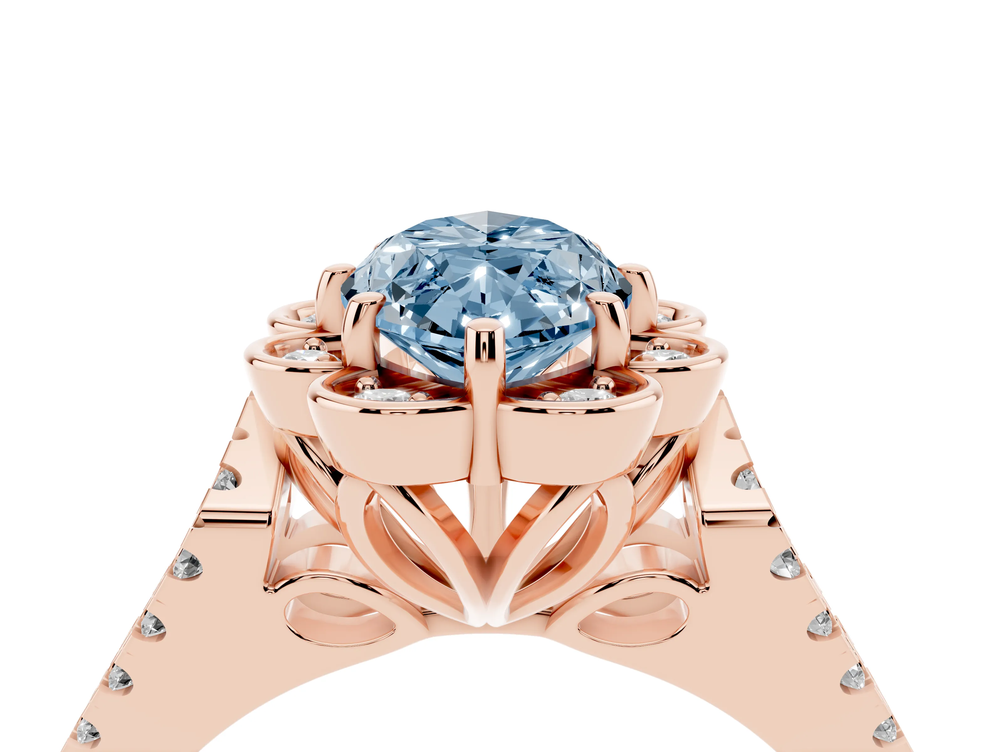 Fancy Blue Marquise Cut Diamond Floral Halo Split Shank Engagement Ring Set in Rose gold with Pavé Shank