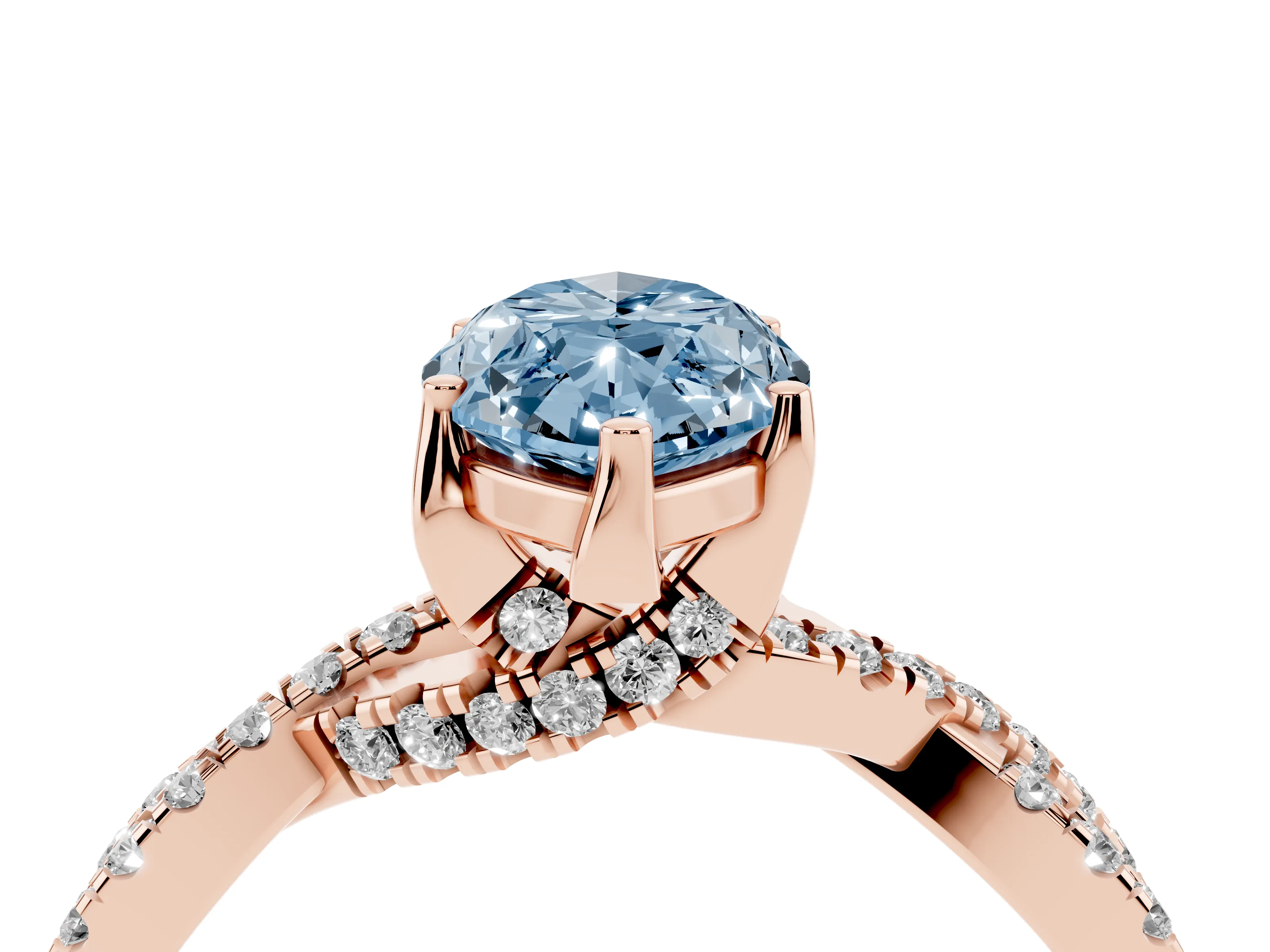Fancy Blue Marquise Cut Diamond Twist Pavé Solitaire Engagement Ring Set in Rose gold with Prong Setting