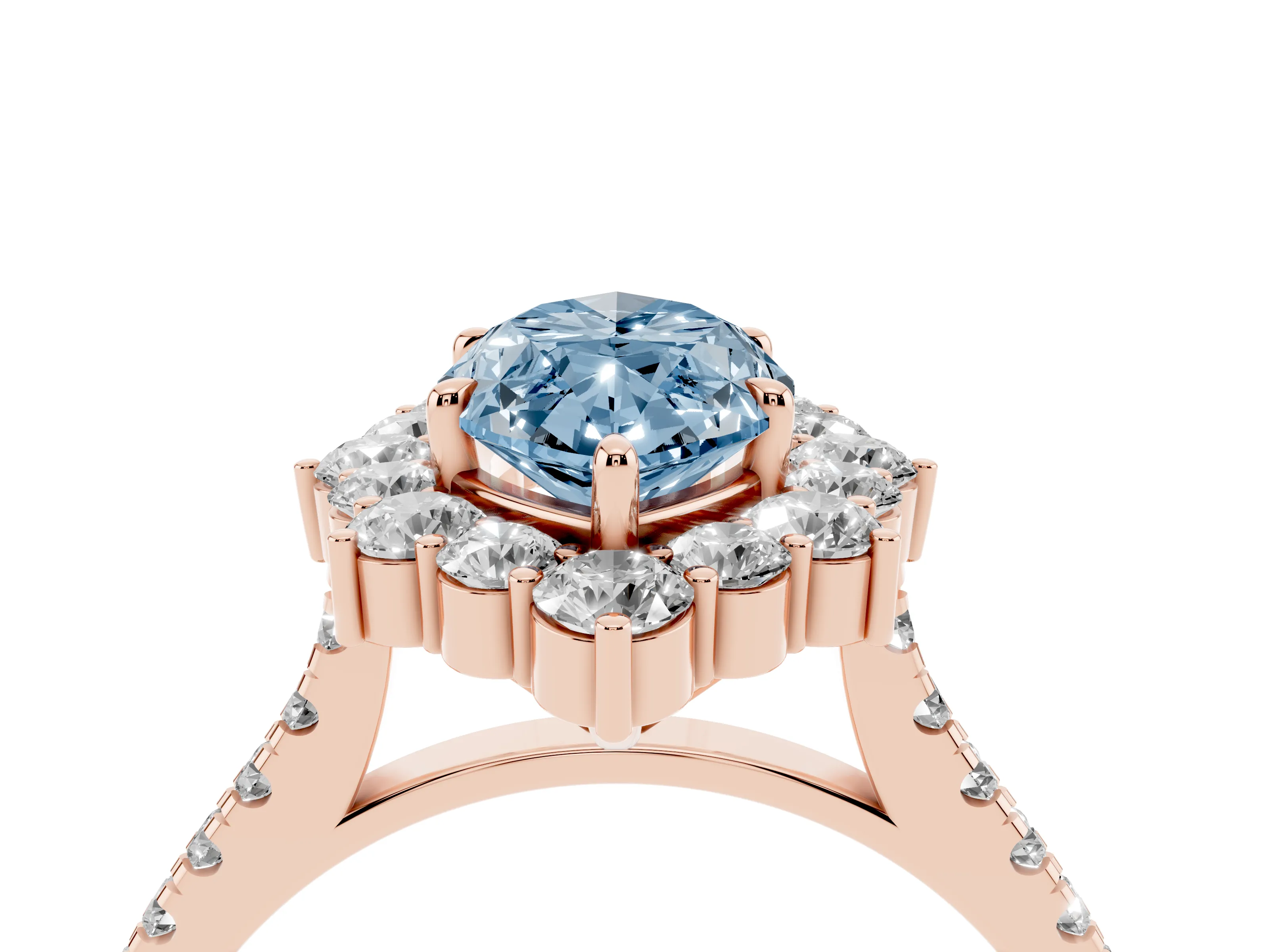Fancy Blue Marquise Cut Diamond Halo Ring Set in Rose gold with Pavé Band and Prong Setting