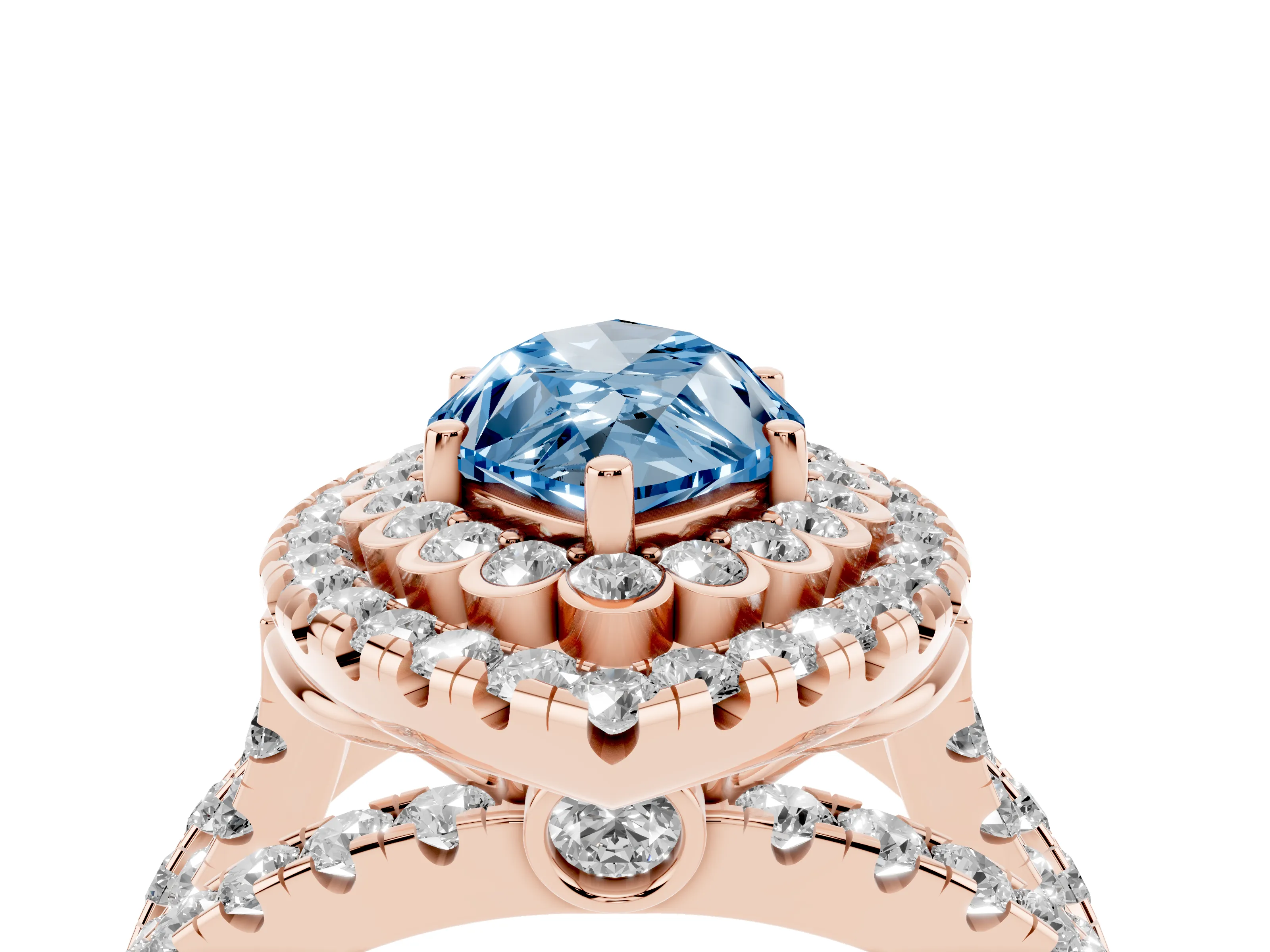 Fancy Blue Marquise Cut Diamond Double Halo Ring Set in Rose gold with Round Pavé Split Shank