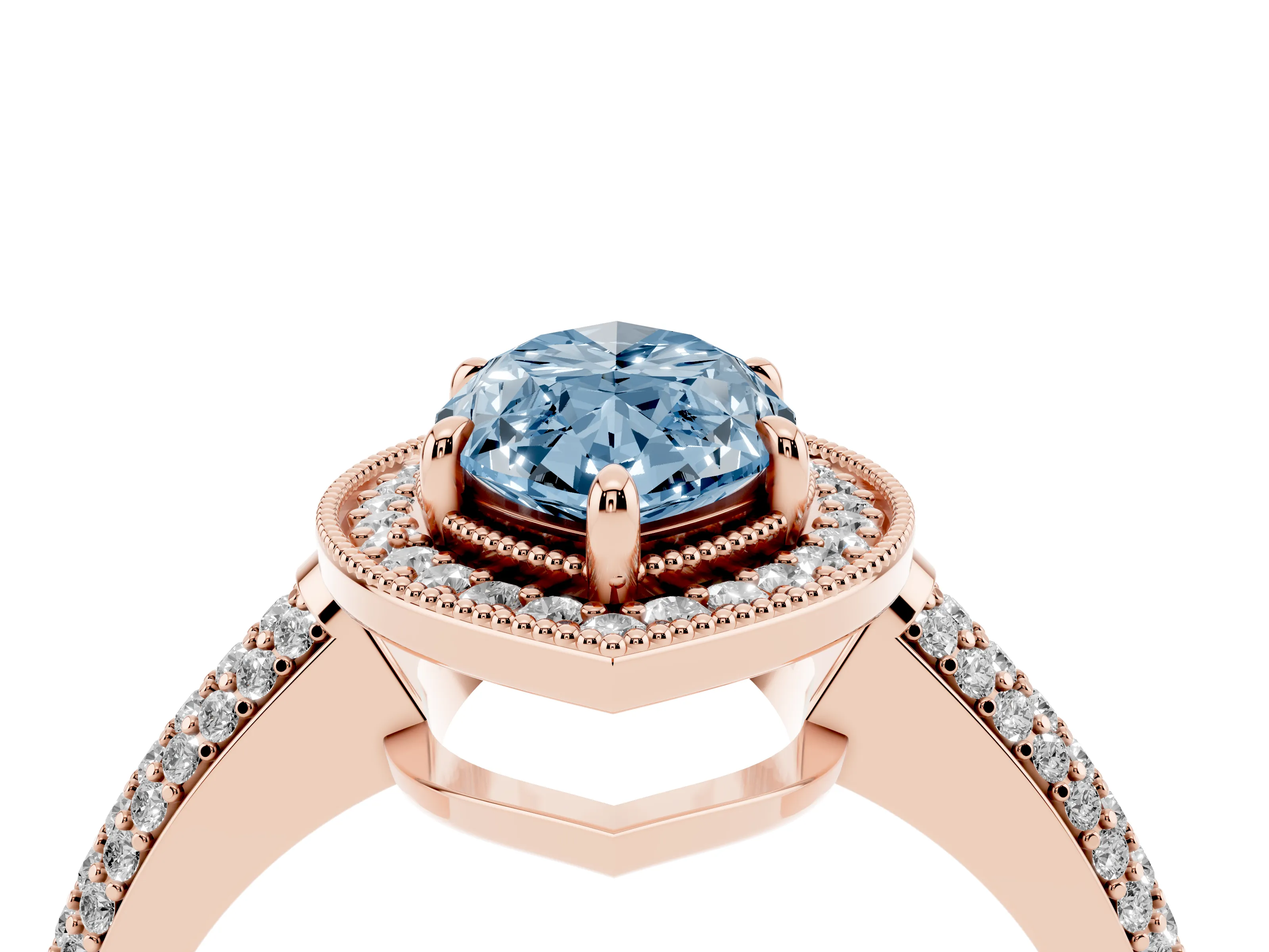 Fancy Blue Marquise Cut Diamond Halo Pavé Band Set in Rose gold with Prong Setting