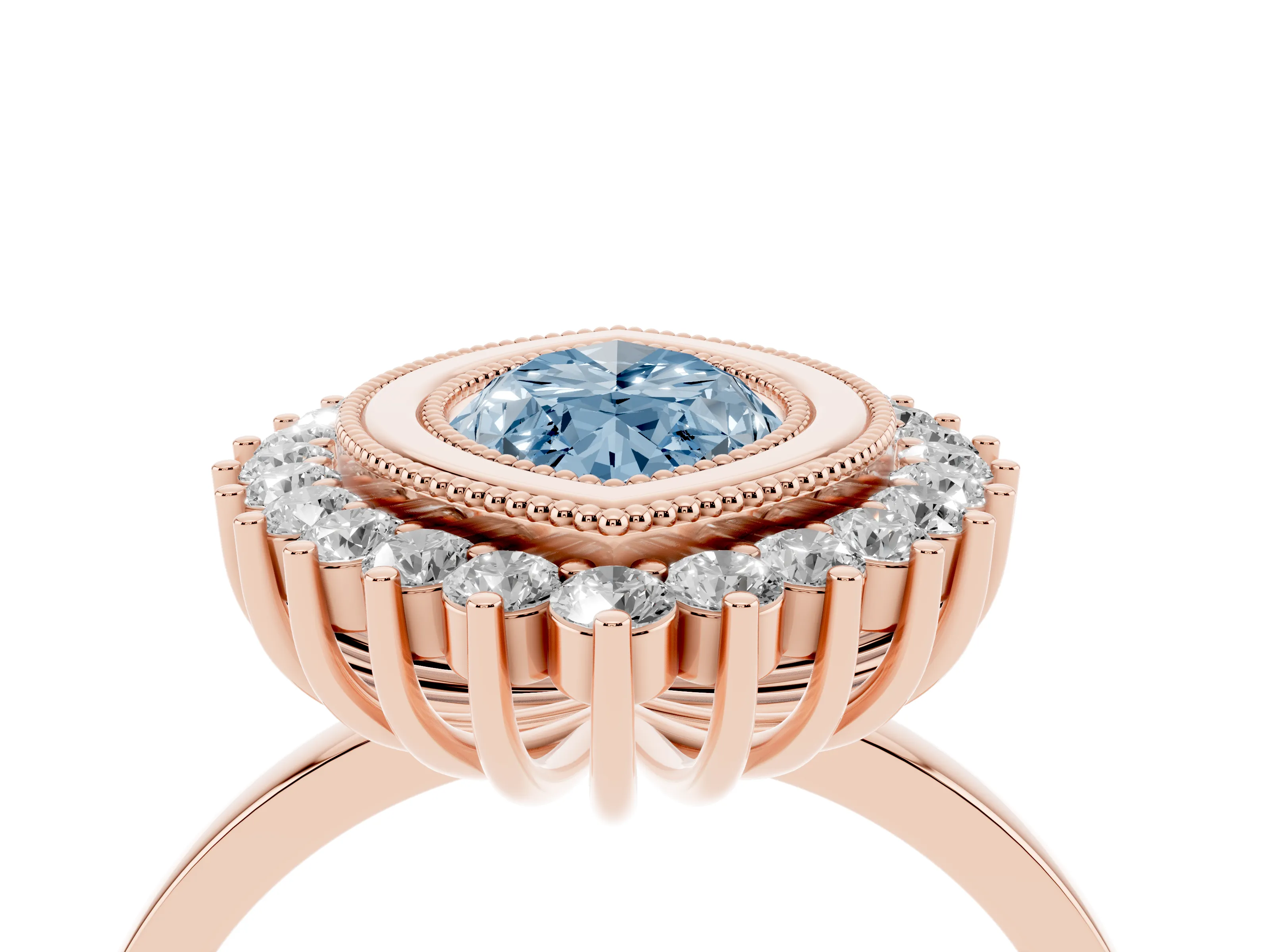 Fancy Blue Marquise Cut Diamond Halo Ring Set in Rose gold with Milgrain Edge and Round Prong Setting