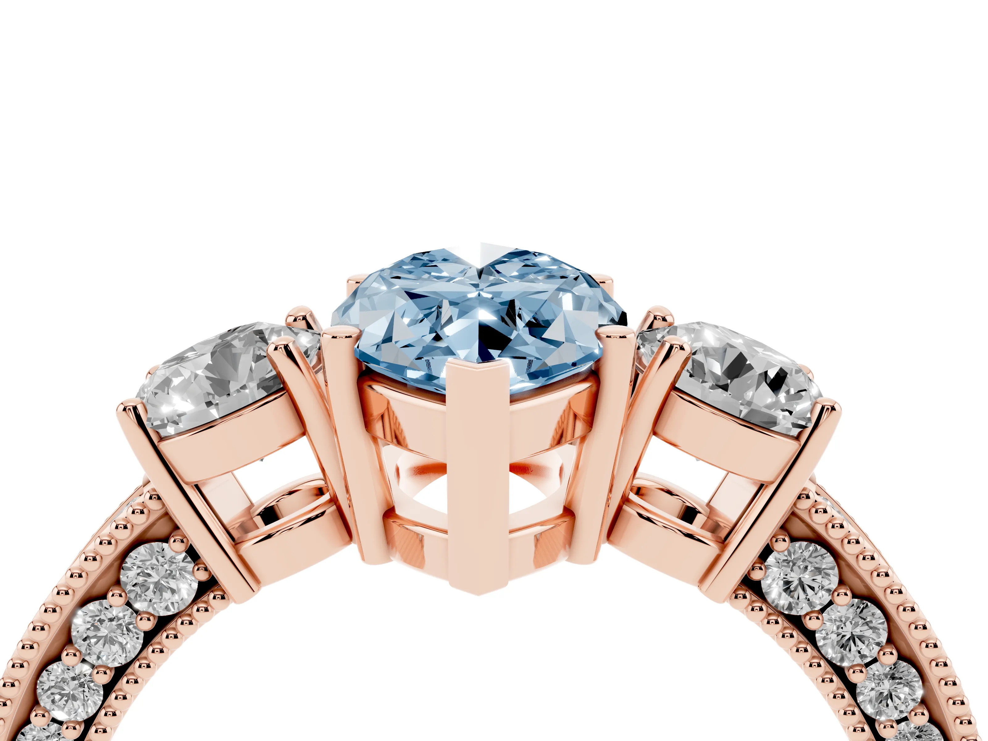 Fancy Blue Marquise Cut Diamond Three-Stone Ring Set in Rose gold with Round Side Stones and Pavé Band