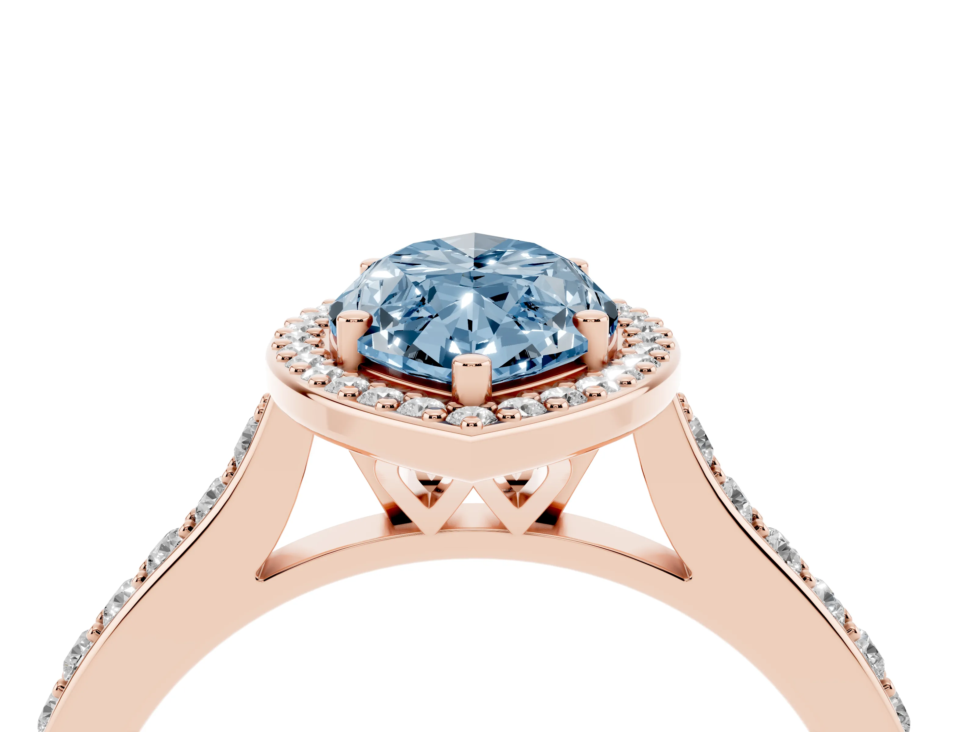 Fancy Blue Marquise Cut Diamond Halo Engagement Ring Set in Rose gold with Round Pavé Shoulders and Heart Gallery