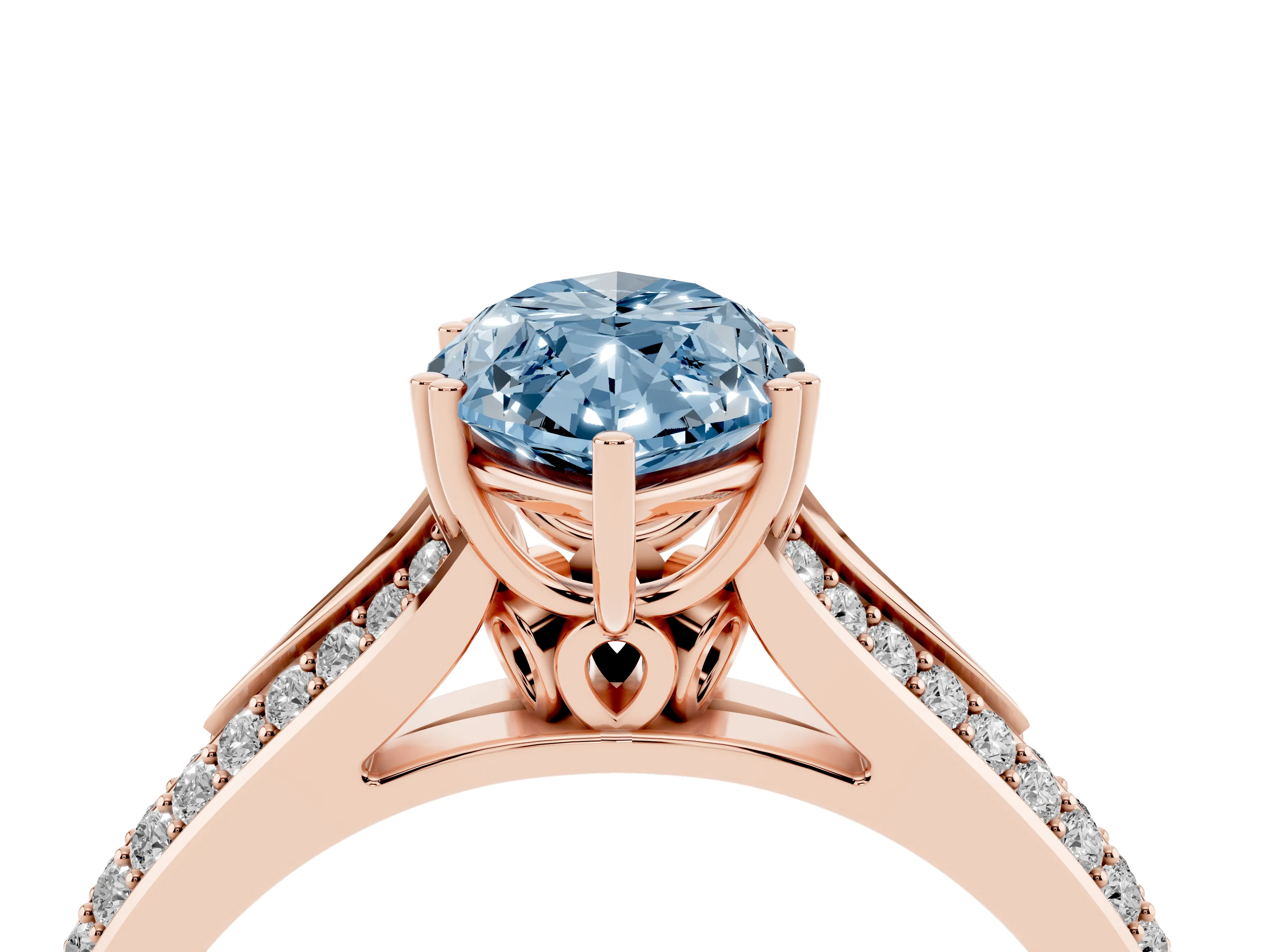 Fancy Blue Marquise Cut Diamond Split Shank Pavé Engagement Ring Set in Rose gold with Prong-Set Center Stone