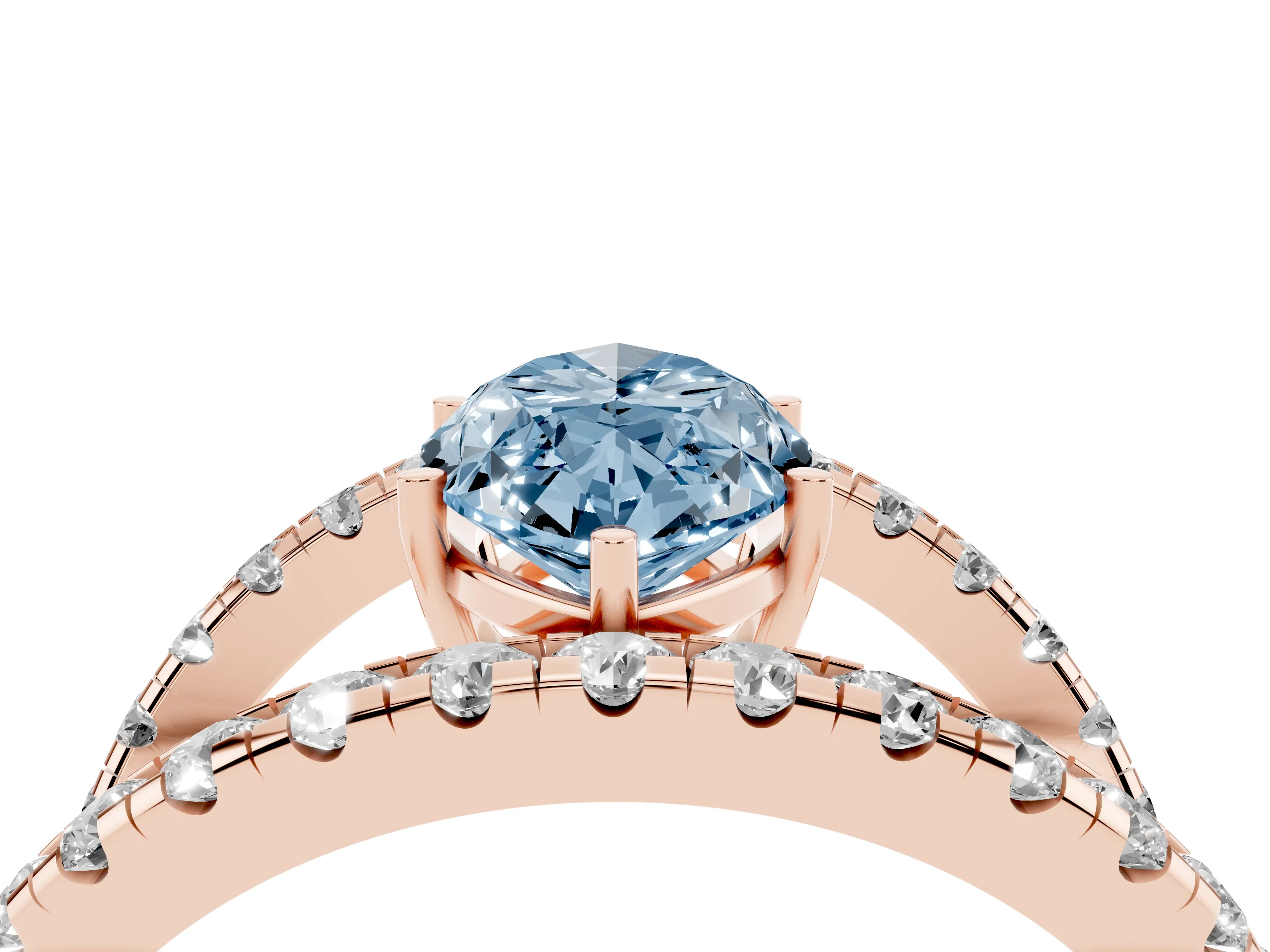 Fancy Blue Marquise Cut Diamond Split Shank Pavé Solitaire Ring Set in Rose gold with Open Shank Design
