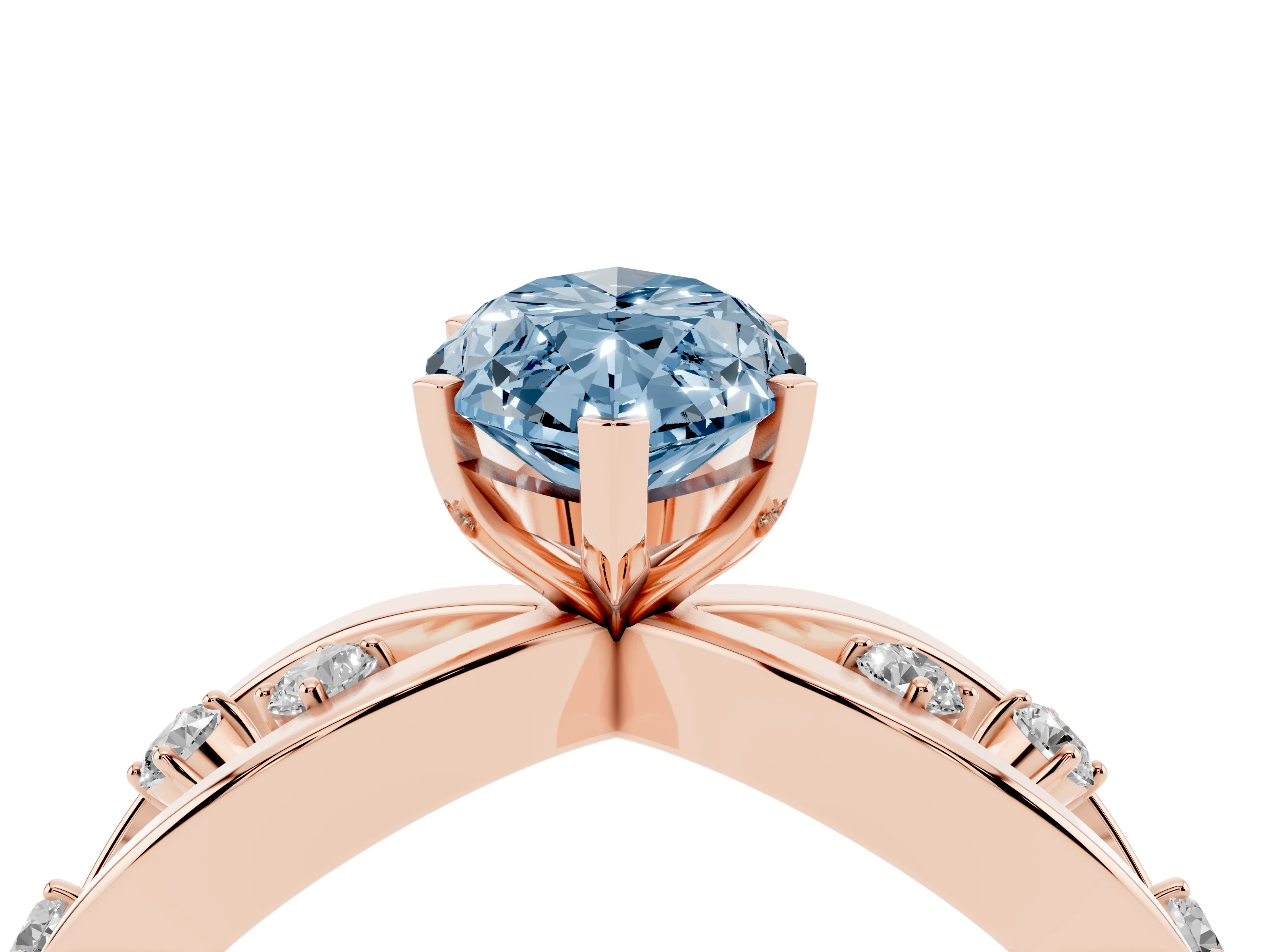 Fancy Blue Marquise Cut Diamond Solitaire Ring Set in Rose gold with Side Stones on Criss-Cross Band and Prong Setting