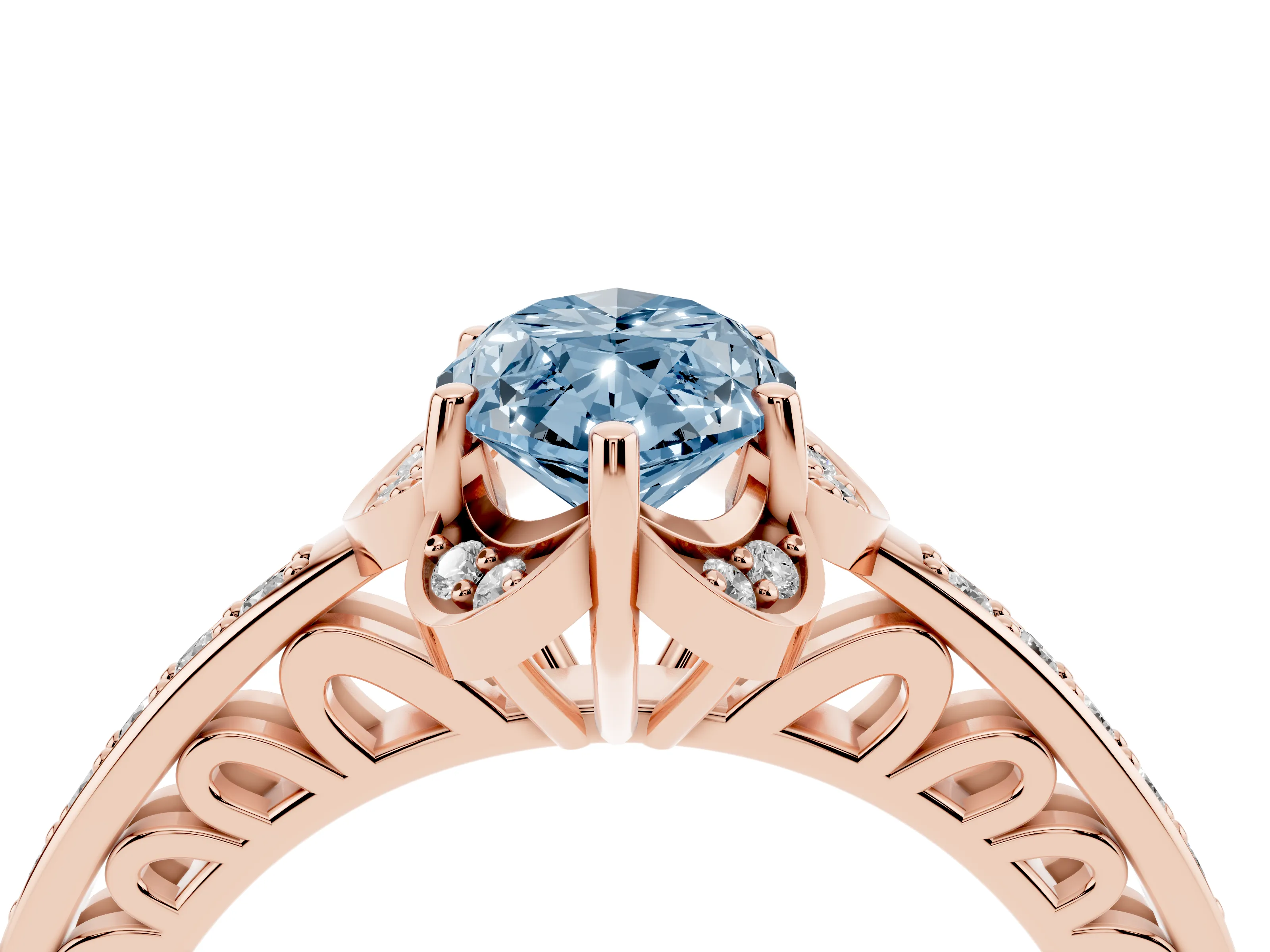 Fancy Blue Marquise Cut Diamond Halo Ring Set in Rose gold with Channel Set Band and Prong Setting