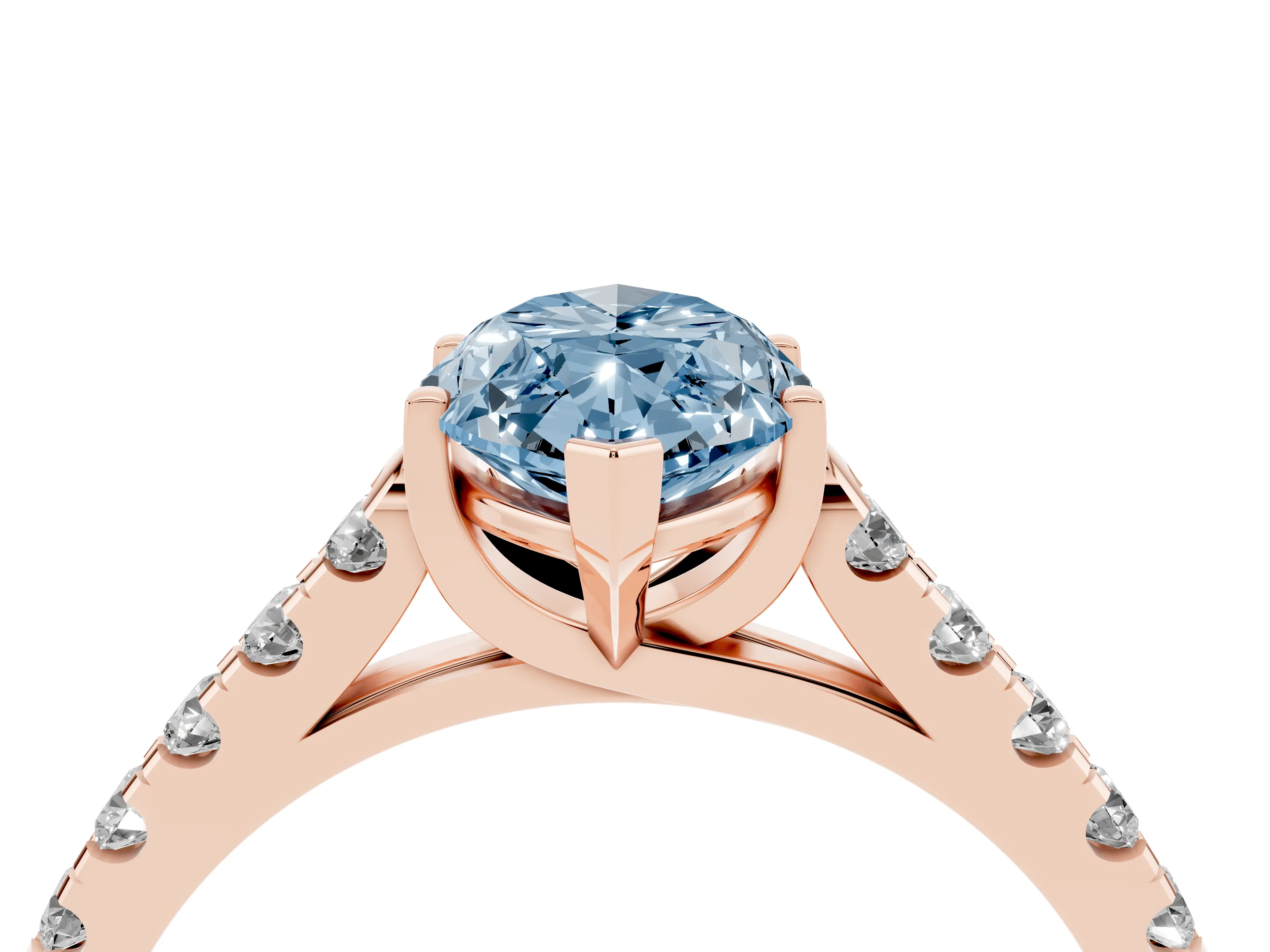 Fancy Blue Marquise Cut Diamond Pavé Band Solitaire Ring Set in Rose gold with Partway Accent Stones and Prong Setting