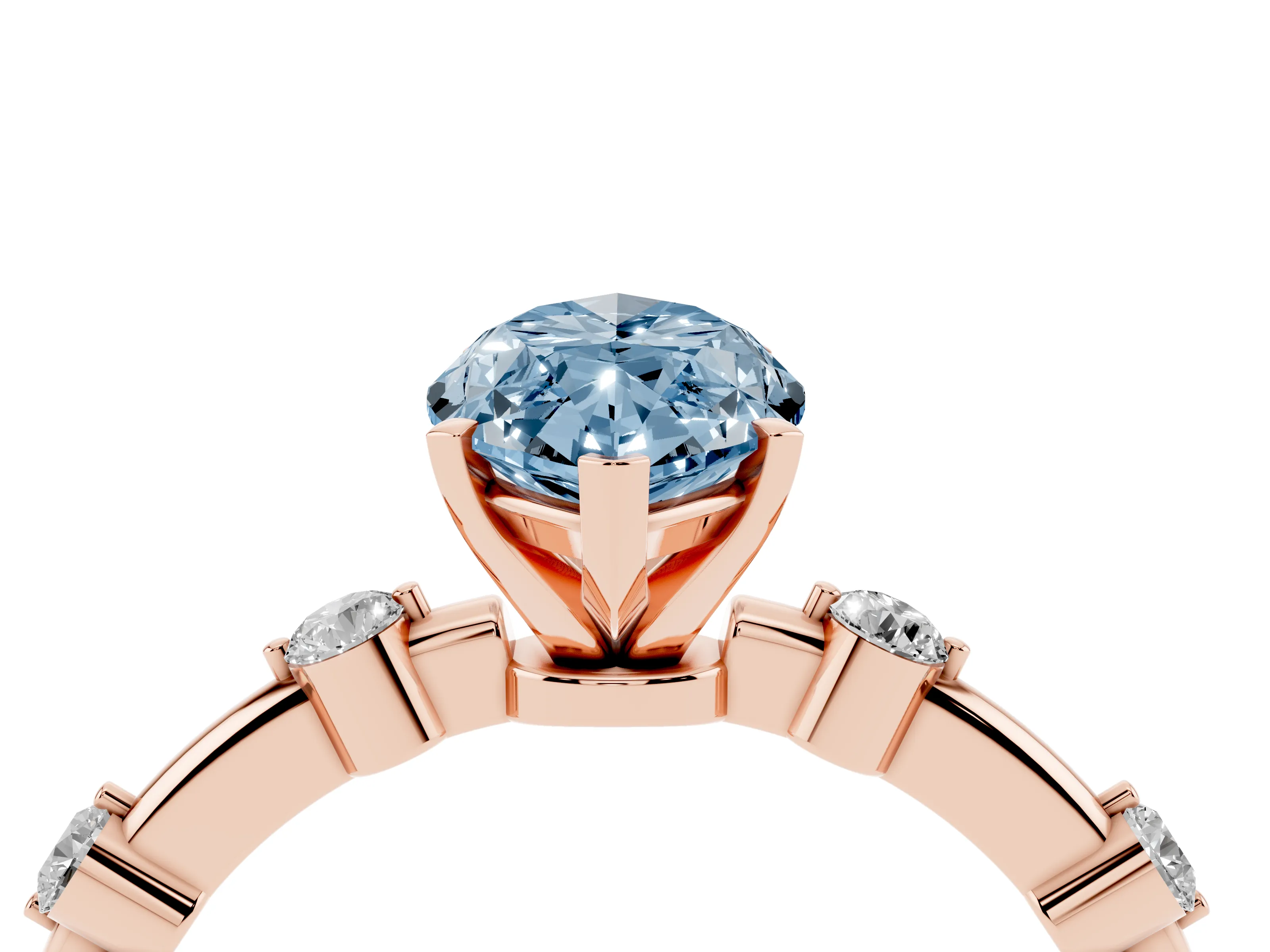 Fancy Blue Marquise Cut Diamond Solitaire Ring Set in Rose gold with Bezel Set Side Stones and Prong Setting