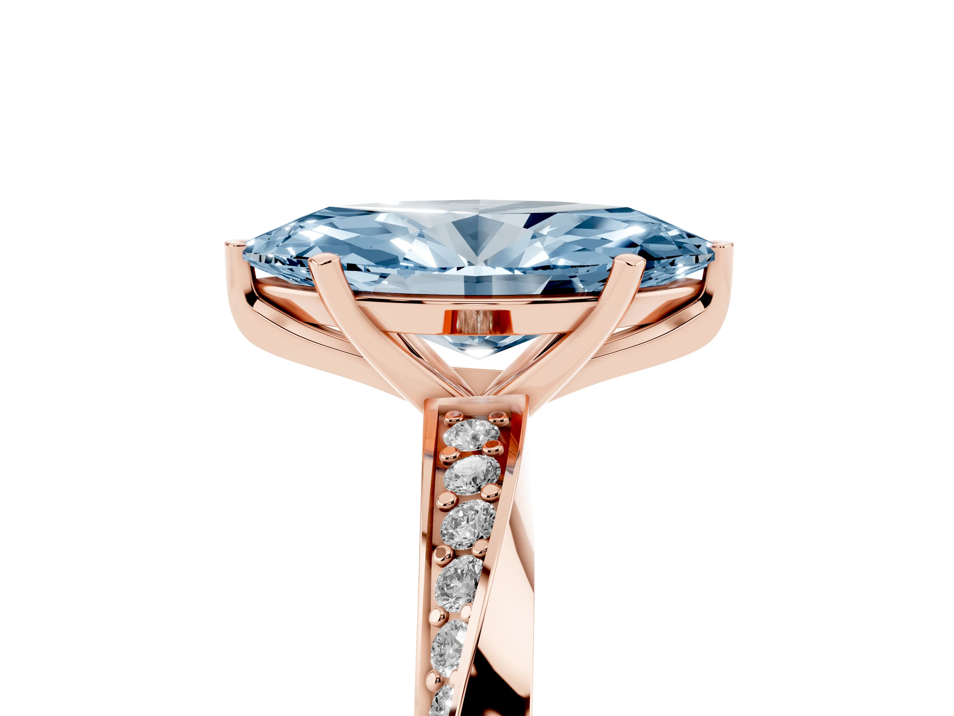 Fancy Blue Marquise Cut Diamond Engagement Ring Set in Rose gold with Side Stone Accents and Prong Setting
