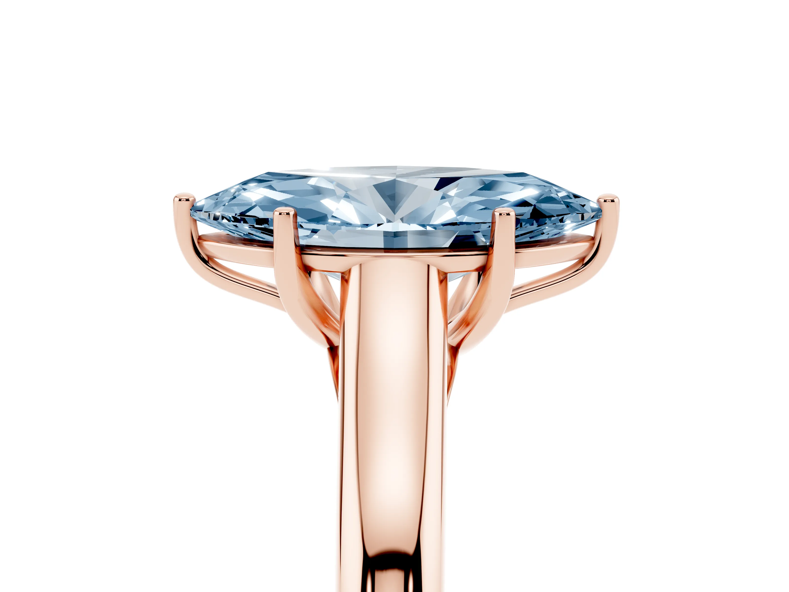 Fancy Blue Marquise Cut Diamond Solitaire Engagement Ring Set in Rose gold with Subtly Tapered Band and Prong Setting