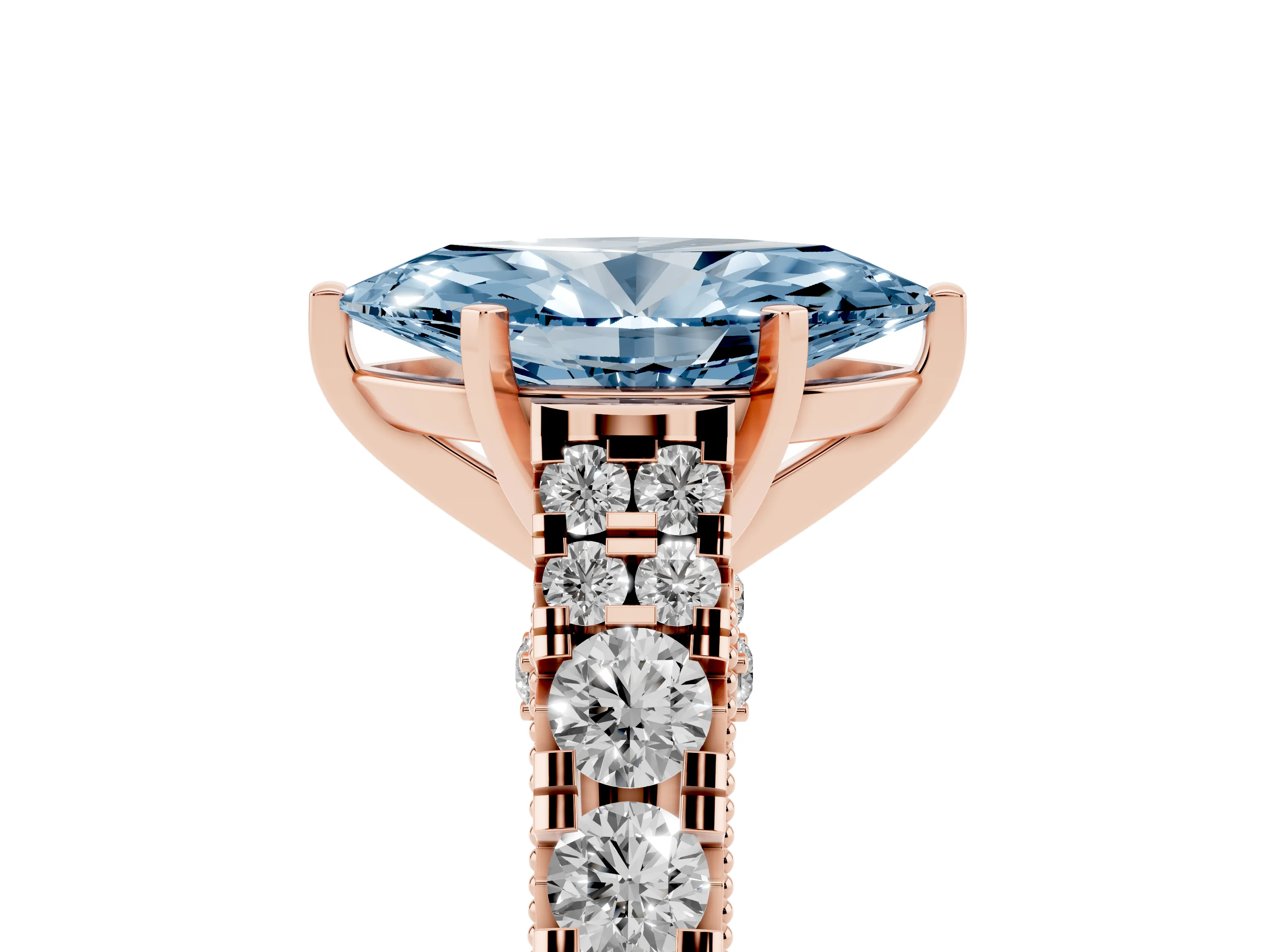 Fancy Blue Marquise Cut Diamond Classic Solitaire Ring Set in Rose gold with Pavé Band and Prong Setting