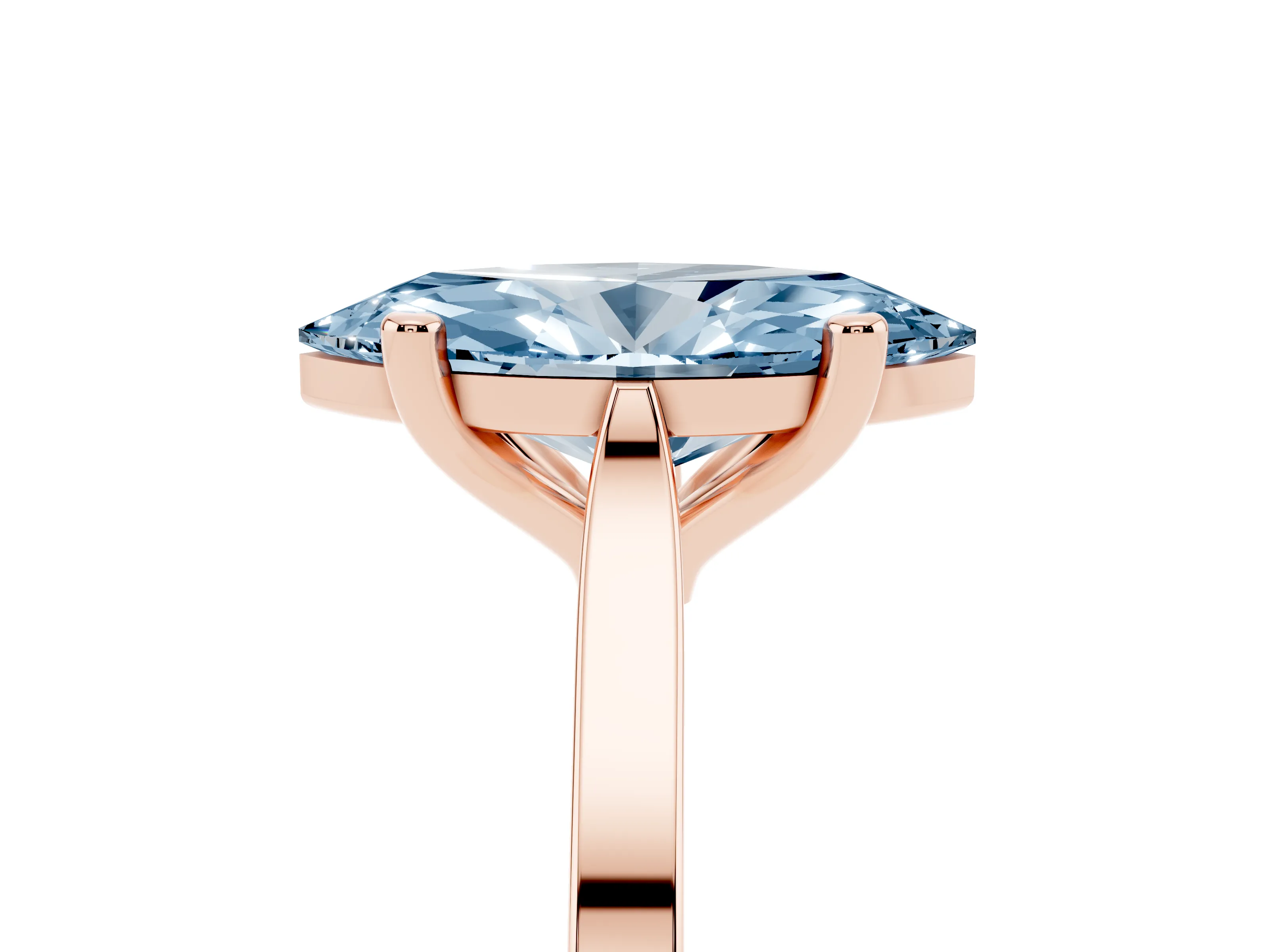 Fancy Blue Marquise Cut Diamond Solitaire Ring Set in Rose gold with Prong Setting and Tapered Band