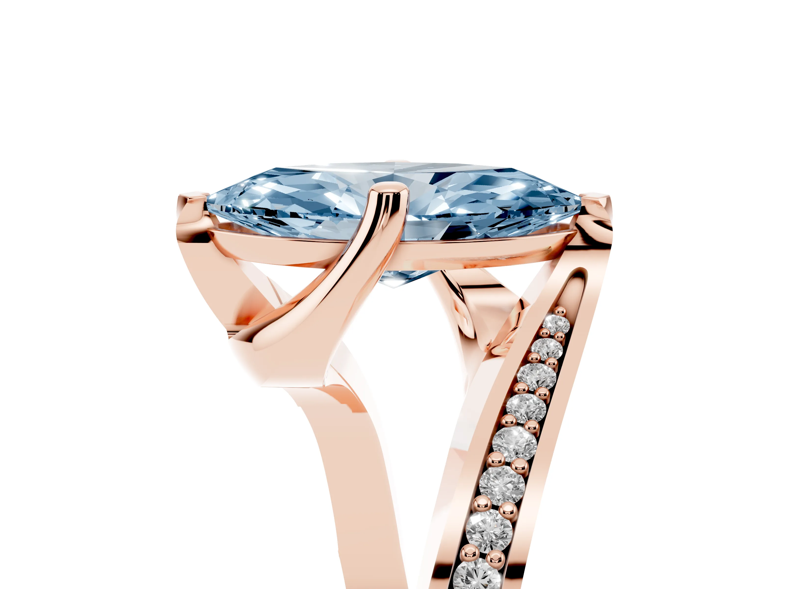Fancy Blue Marquise Cut Diamond Solitaire Ring Set in Rose gold with Intertwined Pavé Twist Band