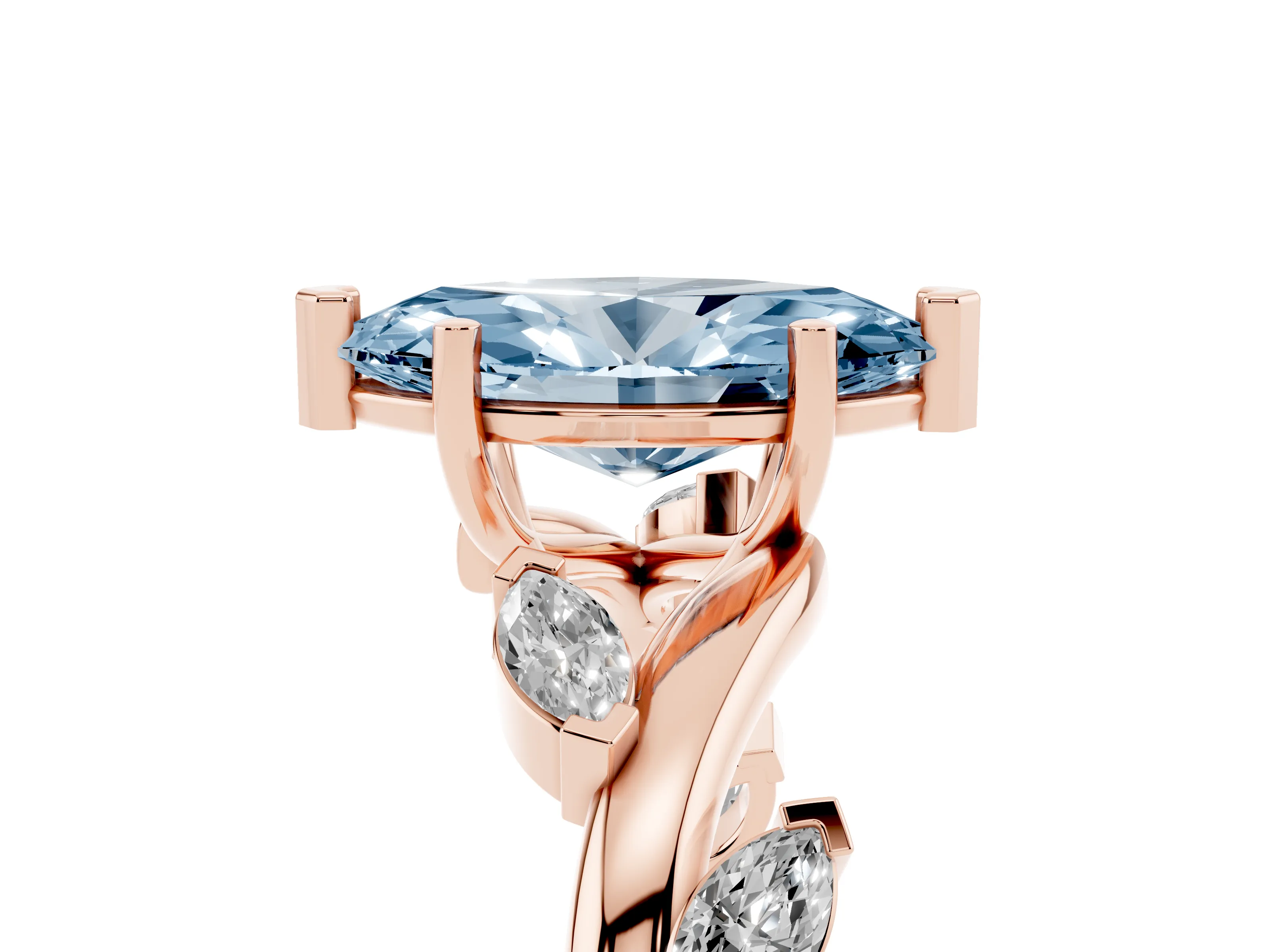 Fancy Blue Marquise Cut Diamond Solitaire Ring Set in Rose gold with Twisted Marquise Accent Band