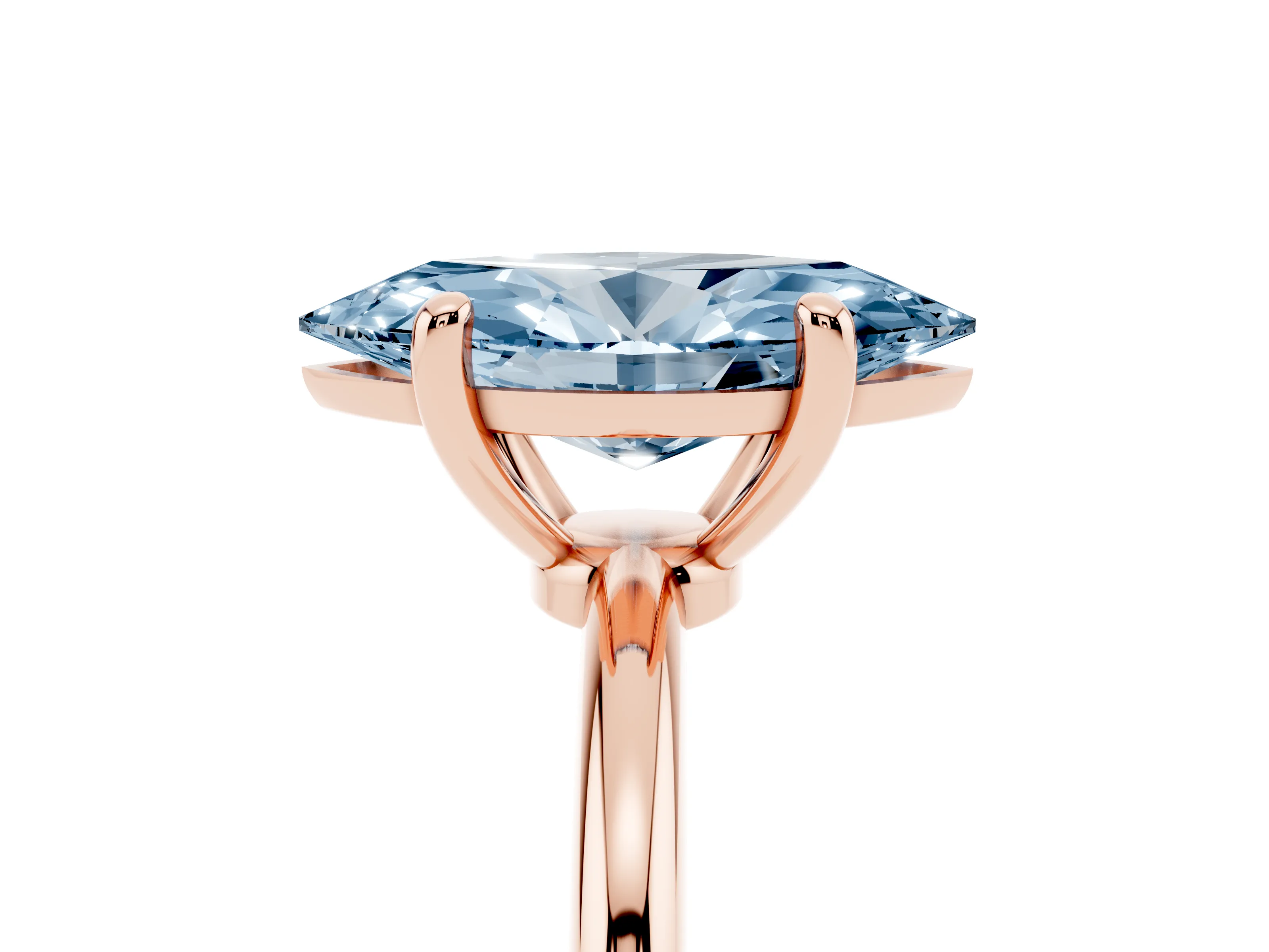 Fancy Blue Marquise Cut Diamond Solitaire Ring Set in Rose gold with Secure Prong Setting on a Classic Band
