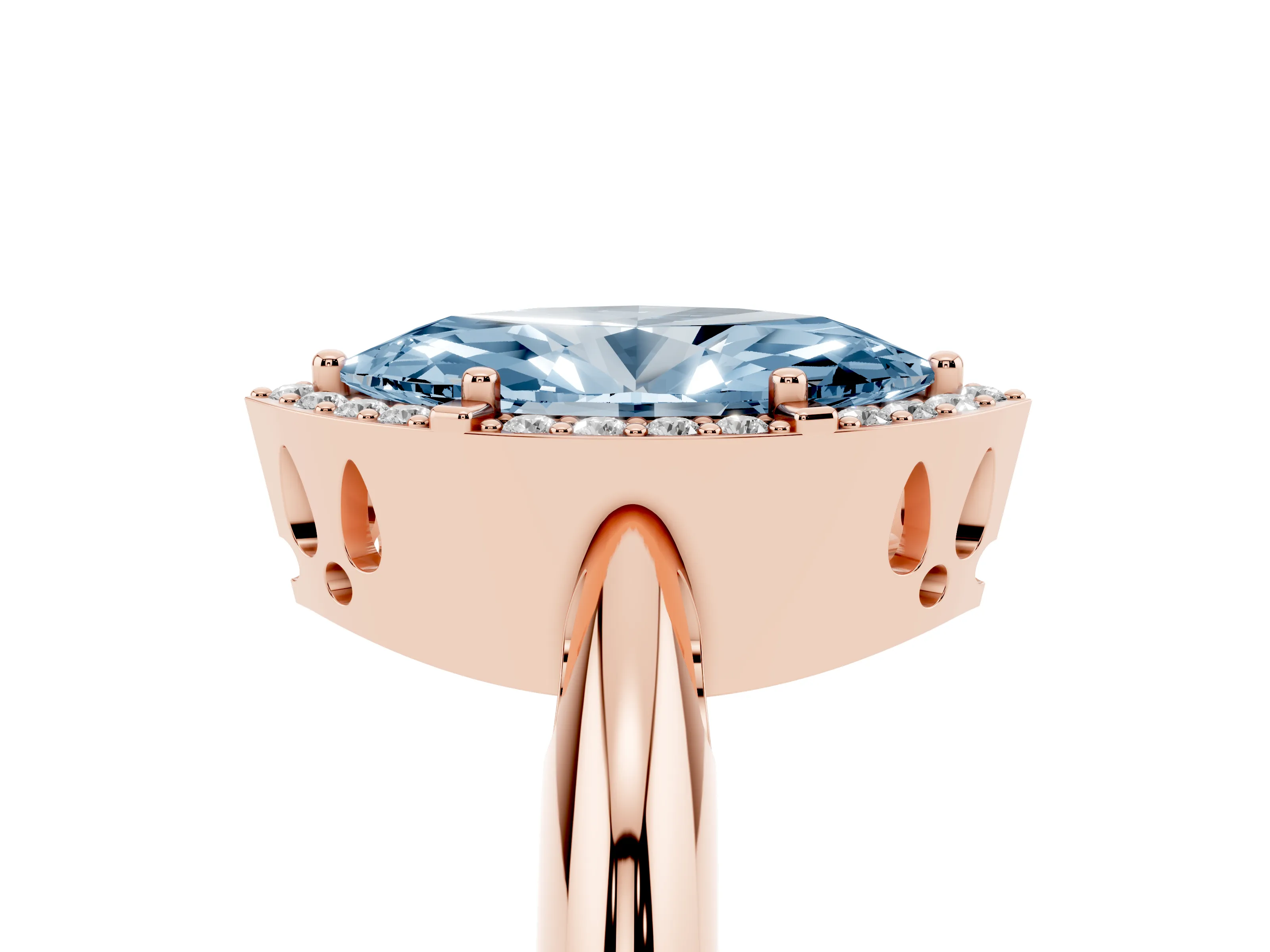 Fancy Blue Marquise Cut Diamond Halo Engagement Ring Set in Rose gold with Plain Split Shank and Prong Setting