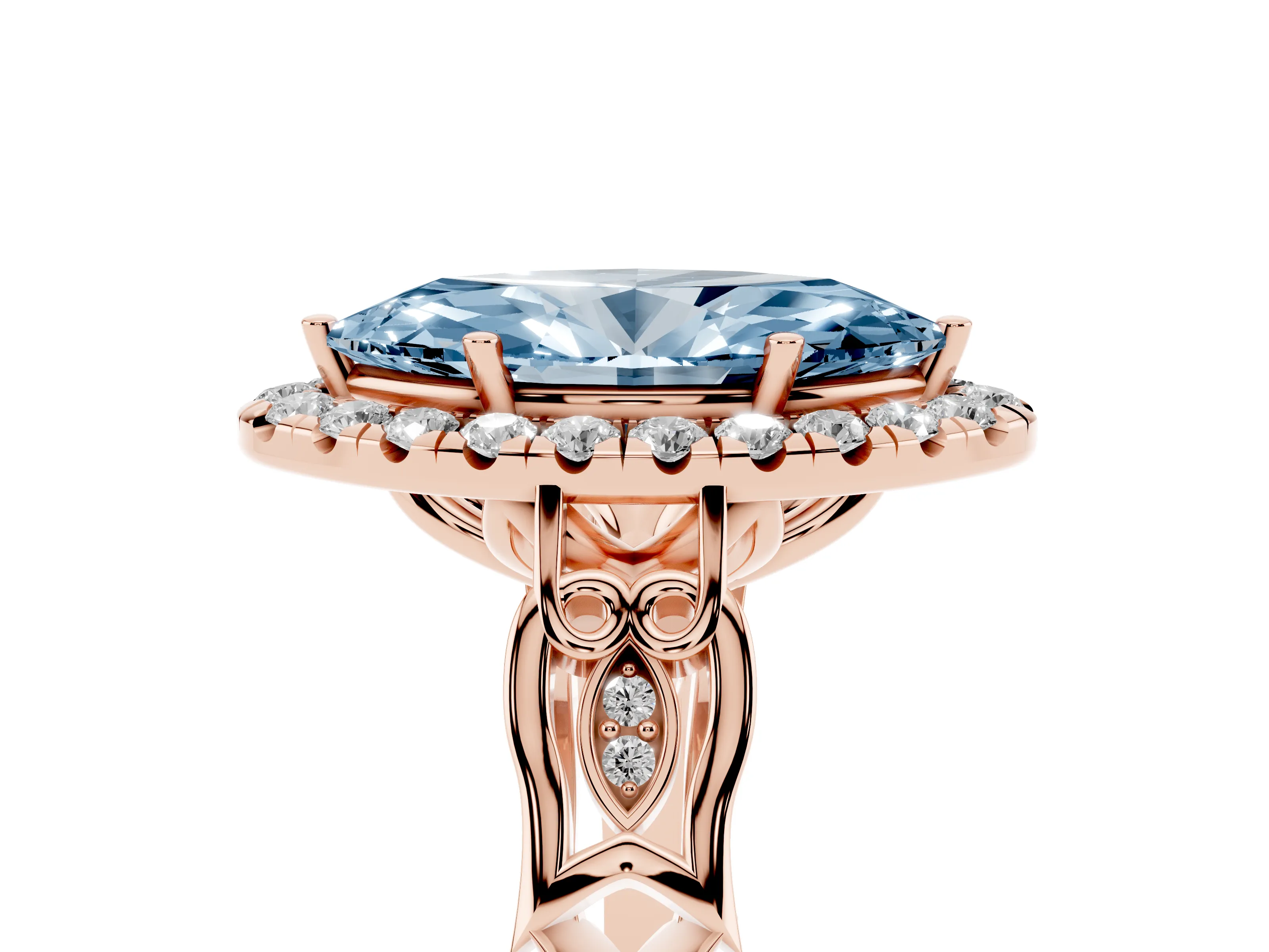 Fancy Blue Marquise Cut Diamond Halo Engagement Ring Set in Rose gold with Filigree Band and Prong-Set Center