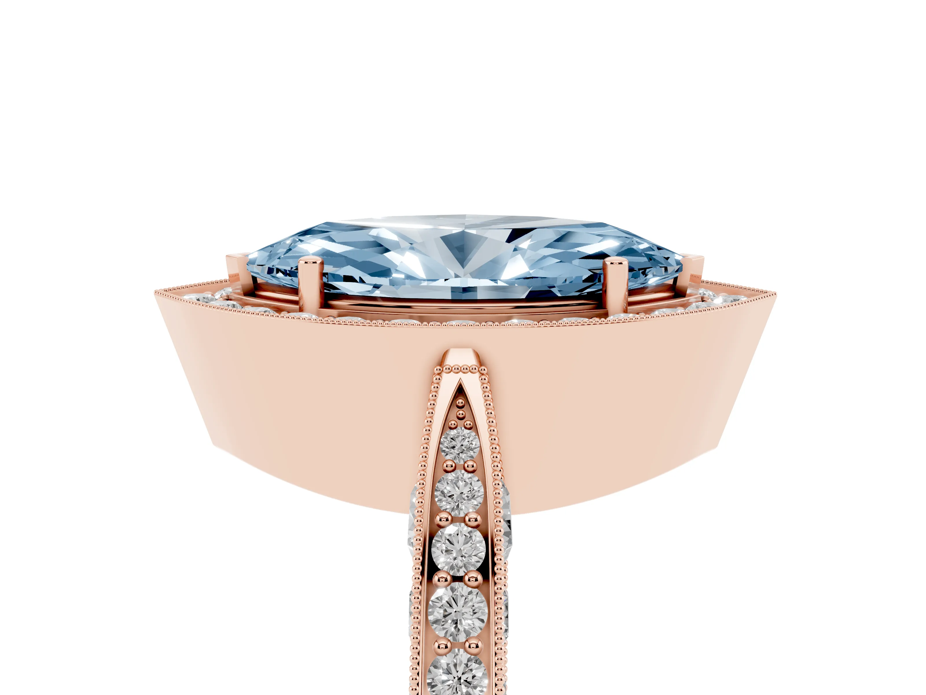 Fancy Blue Marquise Cut Diamond Halo Engagement Ring Set in Rose gold with Accent Split Shank Band