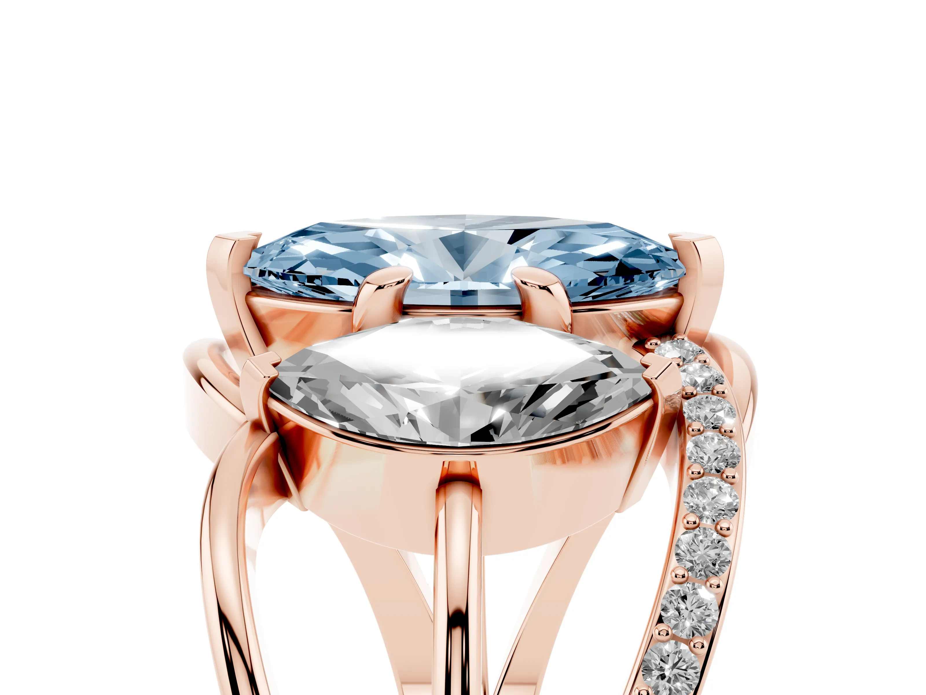 Fancy Blue Marquise Cut Diamond Three-Stone Ring Set in Rose gold with Split Shank and Prong Setting