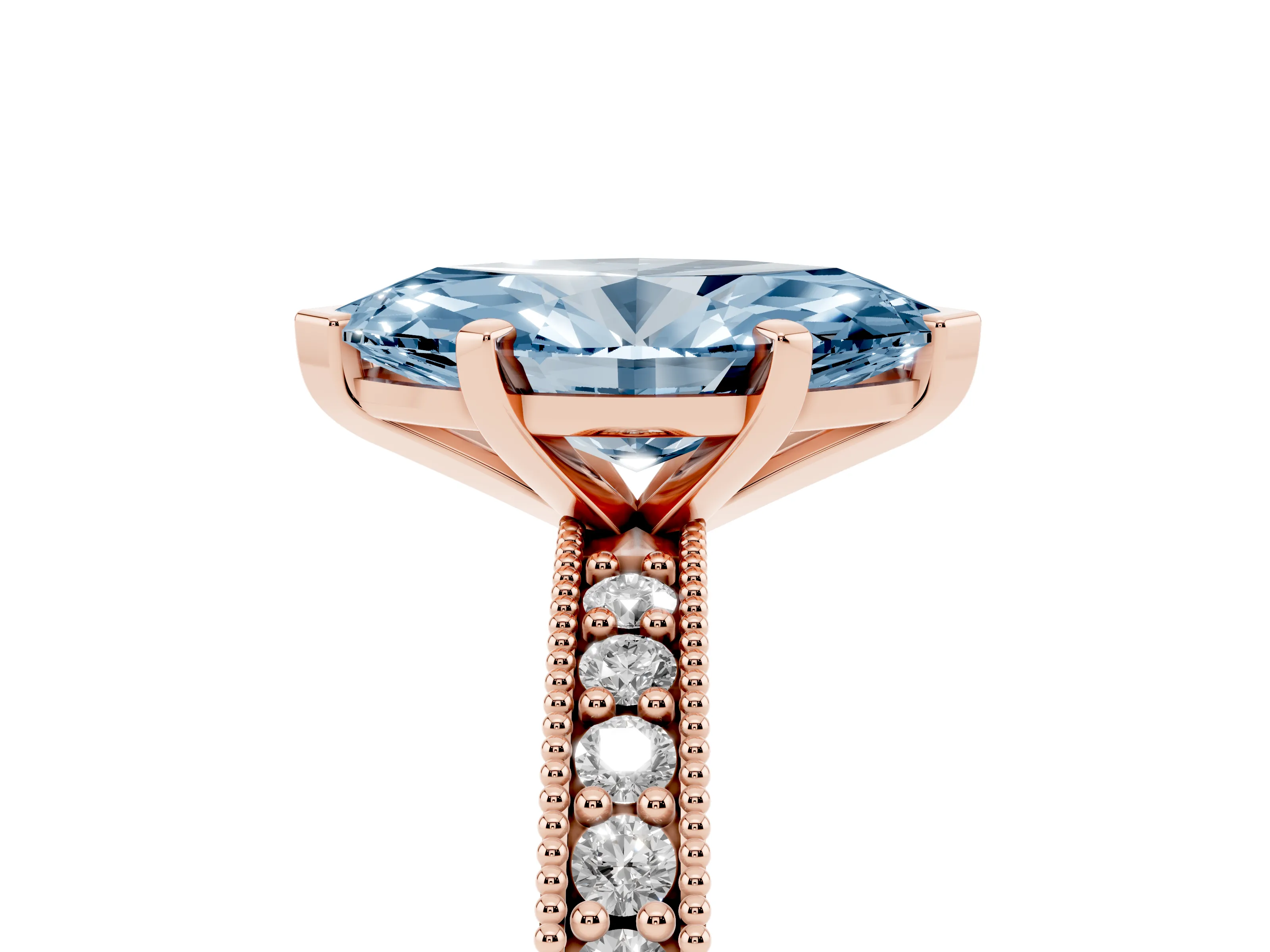 Fancy Blue Marquise Cut Diamond Milgrain Pavé Engagement Ring Set in Rose gold with Prong Setting
