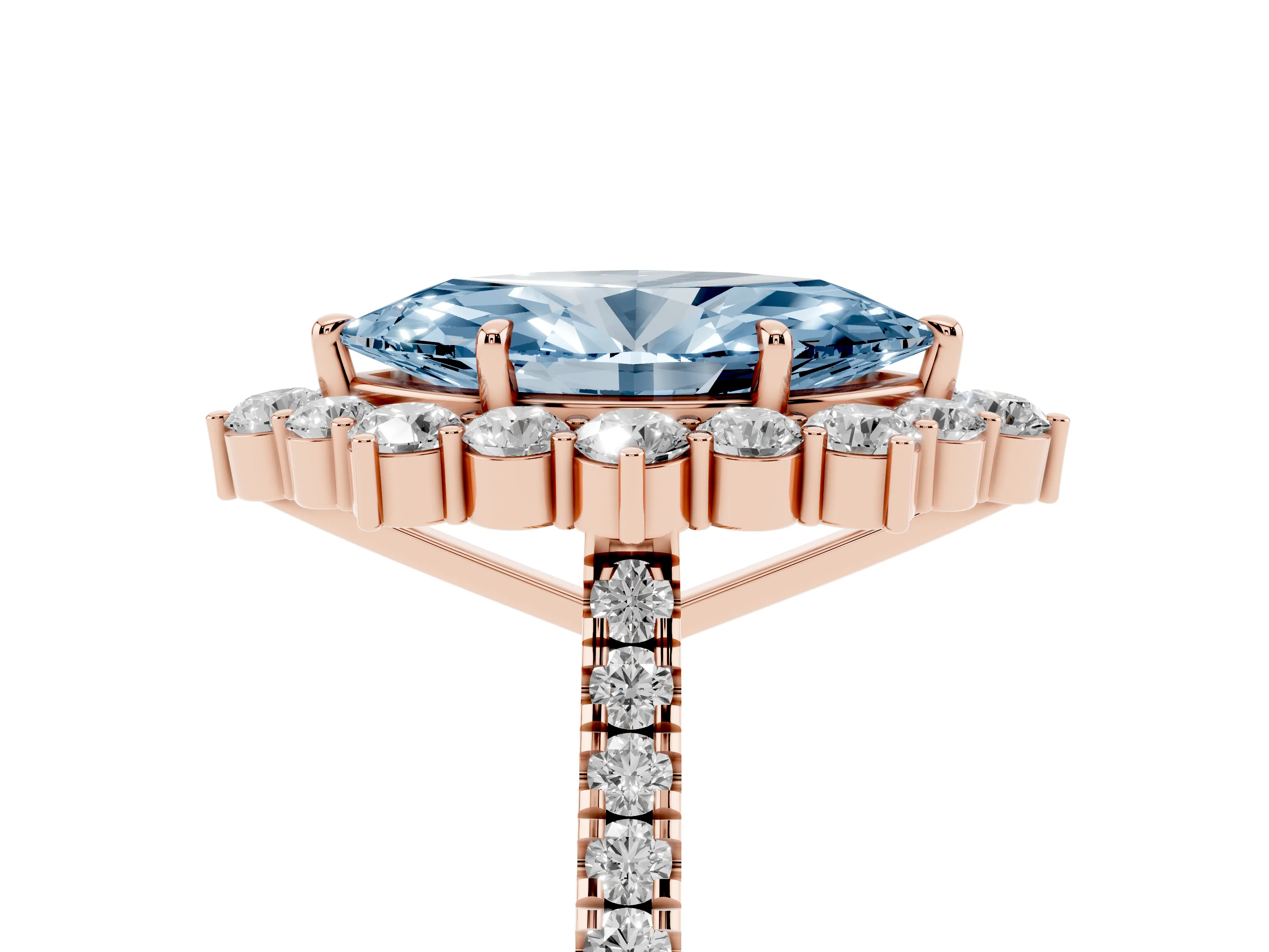 Fancy Blue Marquise Cut Diamond Halo Ring Set in Rose gold with Pavé Band and Prong Setting