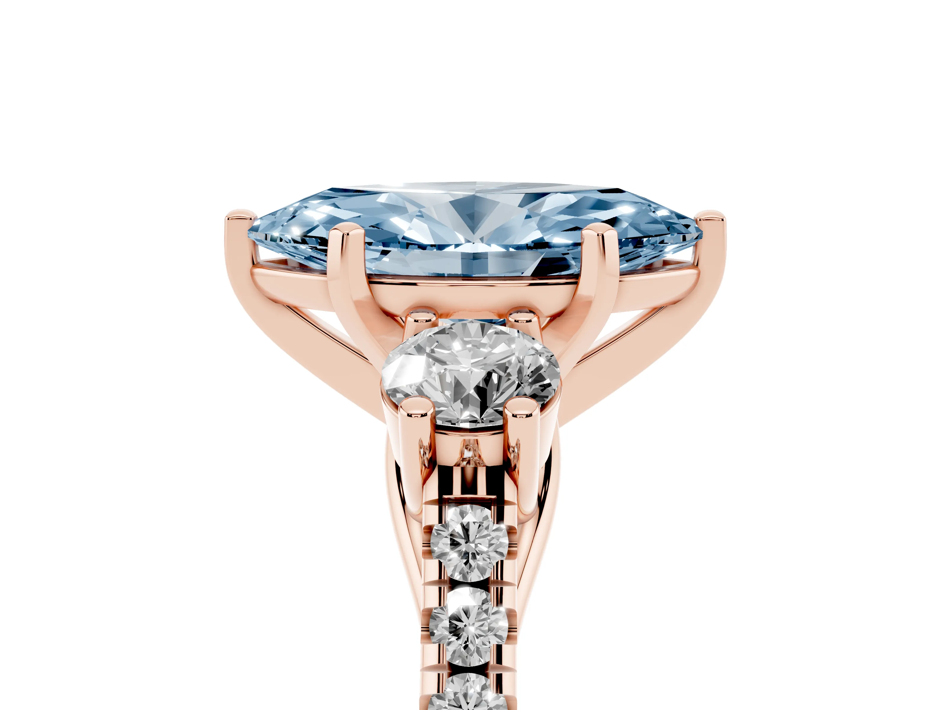 Fancy Blue Three-Stone Marquise Cut Diamond Pavé Band Ring Set in Rose gold with Prong-Set Trio