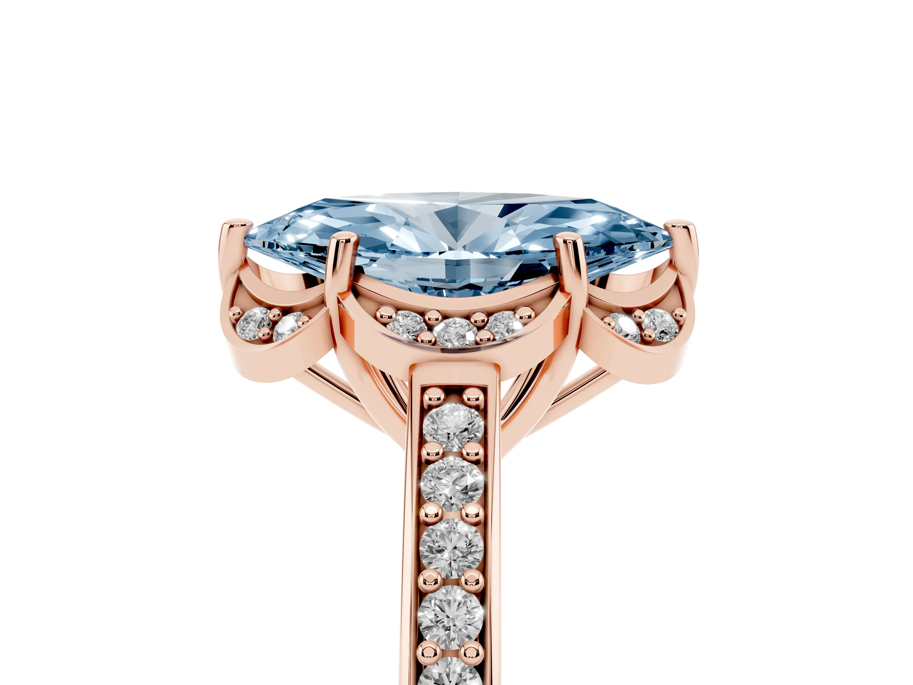 Fancy Blue Marquise Cut Diamond Halo Ring Set in Rose gold with Channel Set Band and Prong Setting
