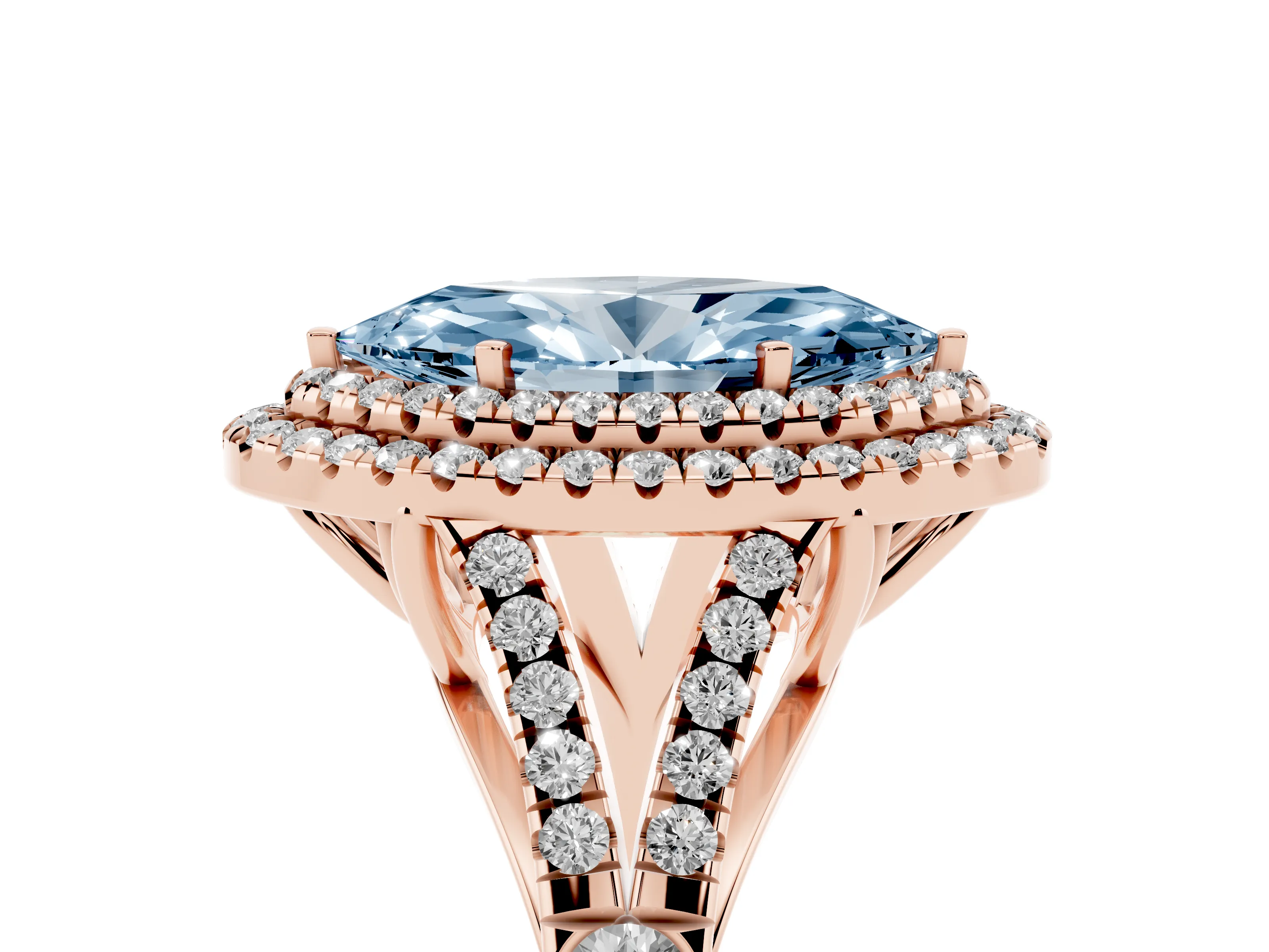 Fancy Blue Marquise Cut Diamond Pavé Split Shank Double Halo Engagement Ring Set in Rose gold