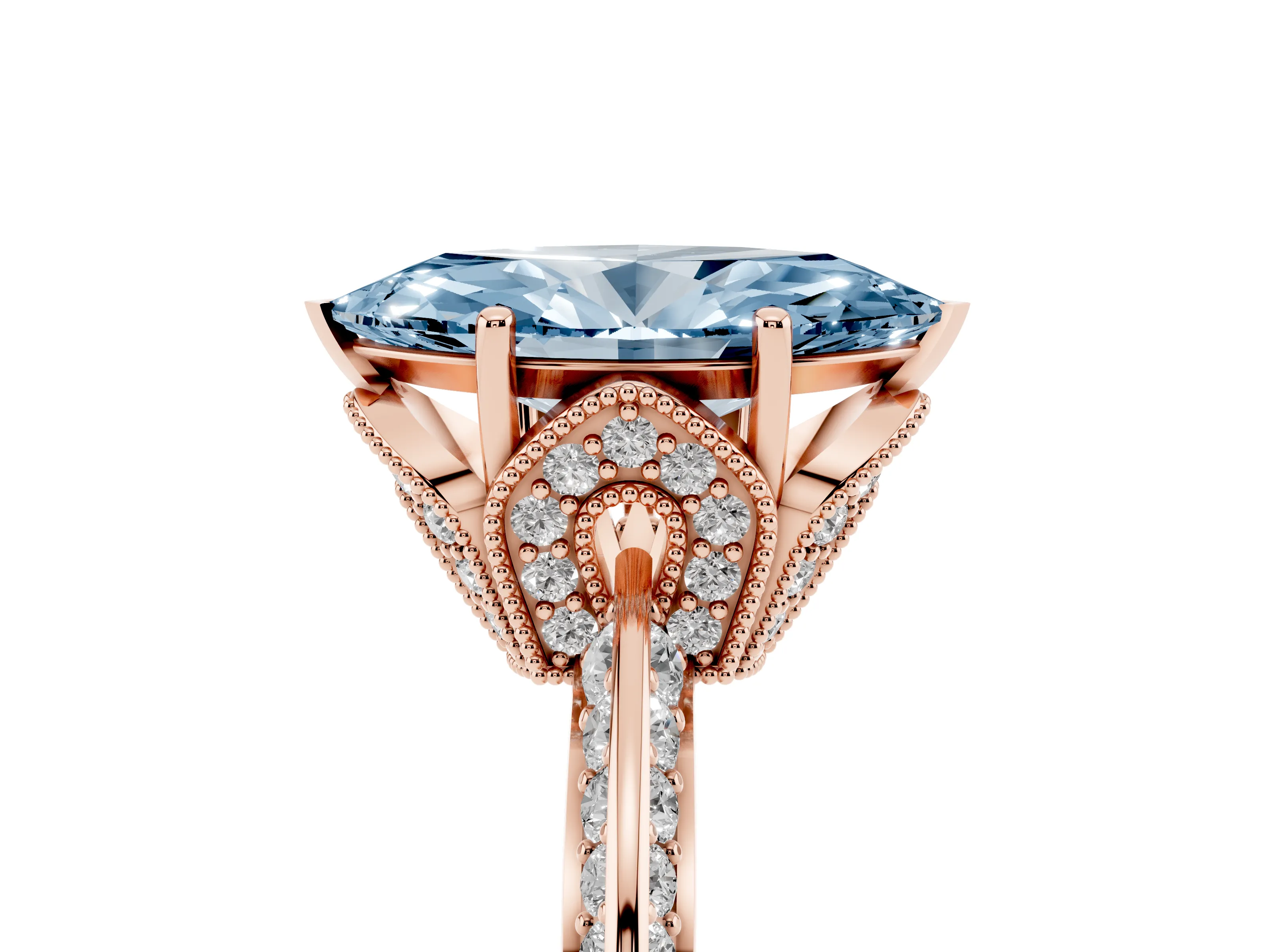 Fancy Blue Marquise Cut Diamond Solitaire Engagement Ring Set in Rose gold with Pavé Split Shank and Prong Setting