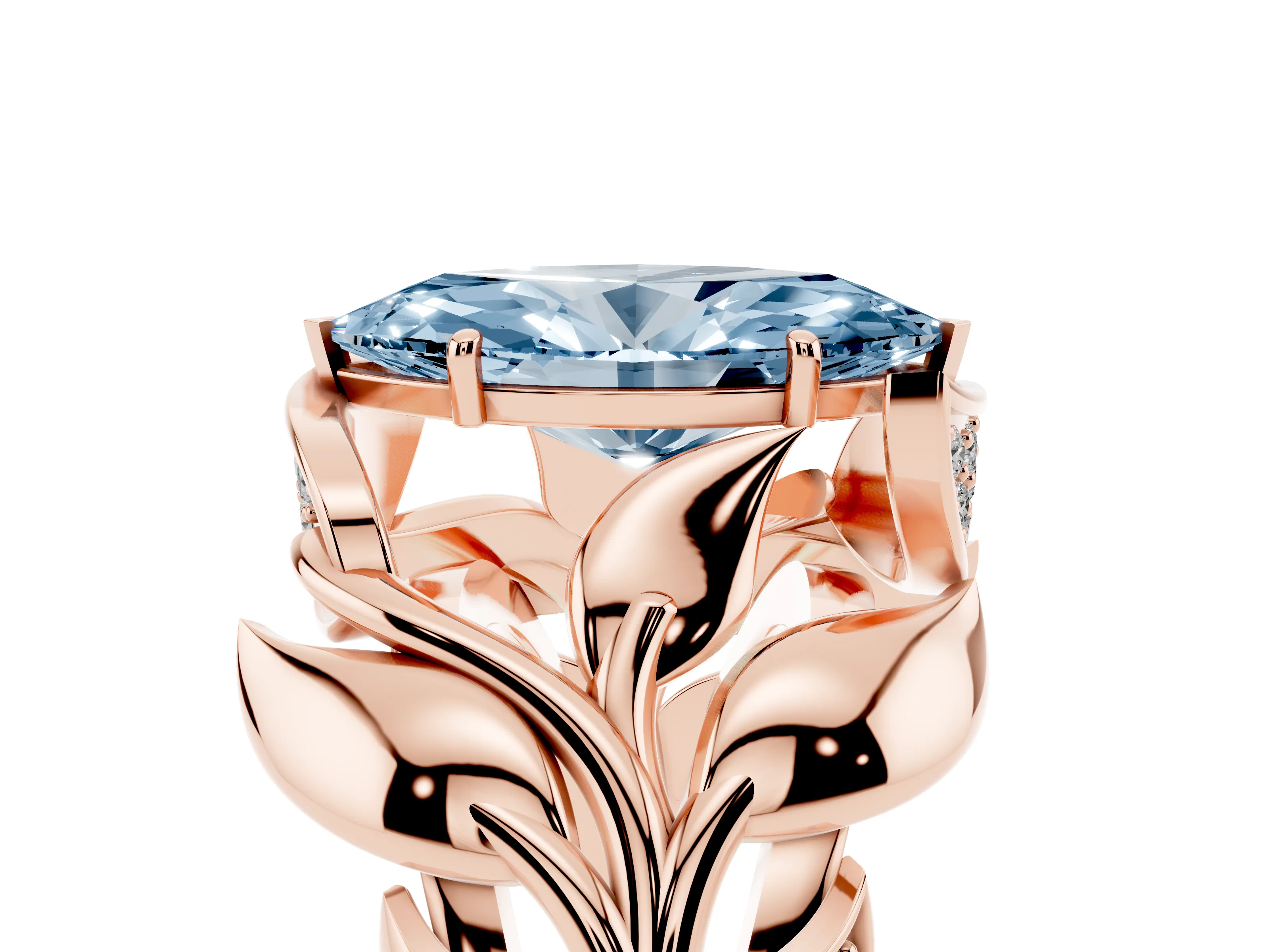 Fancy Blue Marquise Cut Diamond Leaf-Inspired Engagement Ring Set in Rose gold with Round Accents