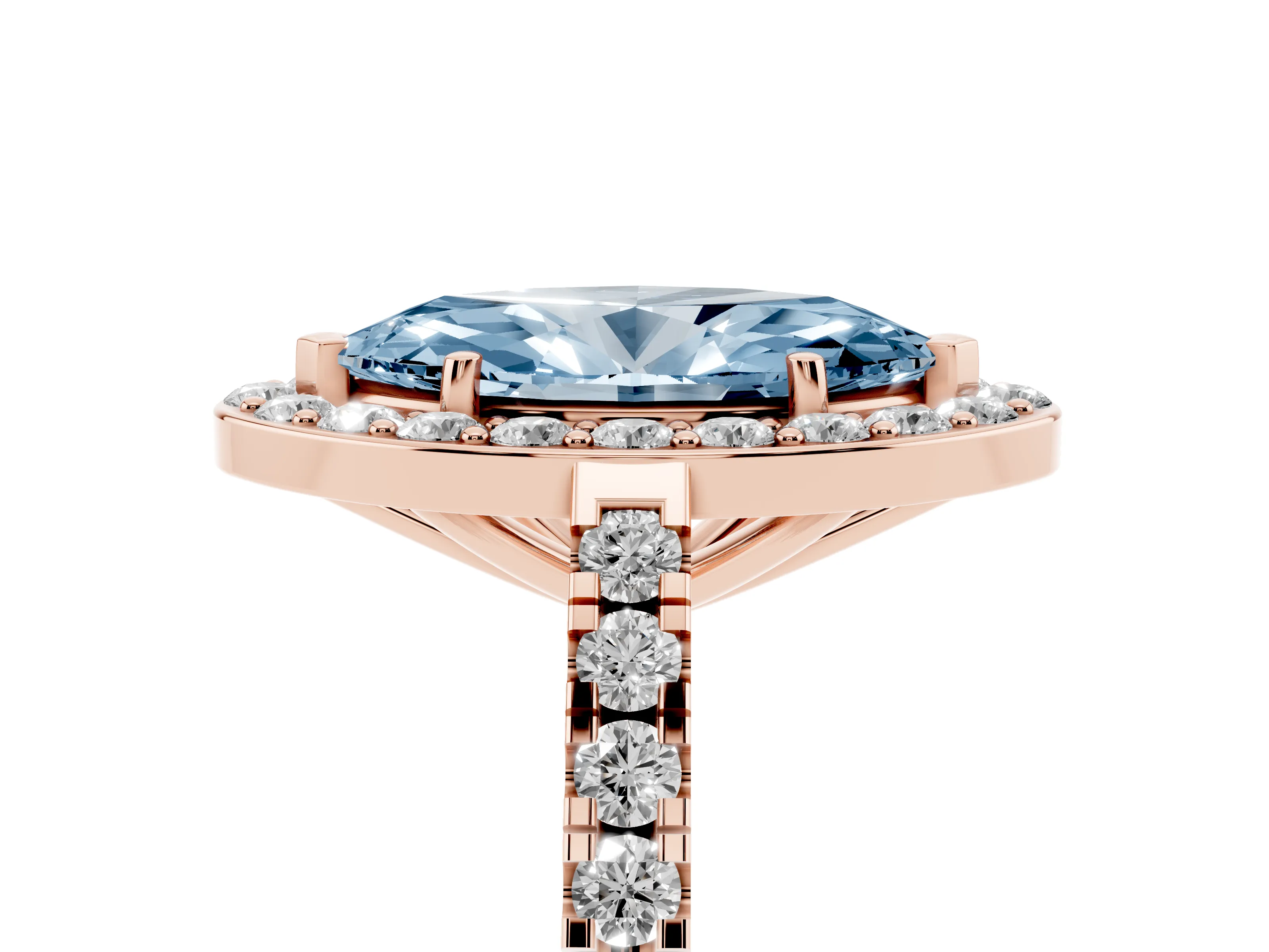 Fancy Blue Marquise Cut Diamond Halo Ring Set in Rose gold with Round Pavé Split Shank and Prong Setting