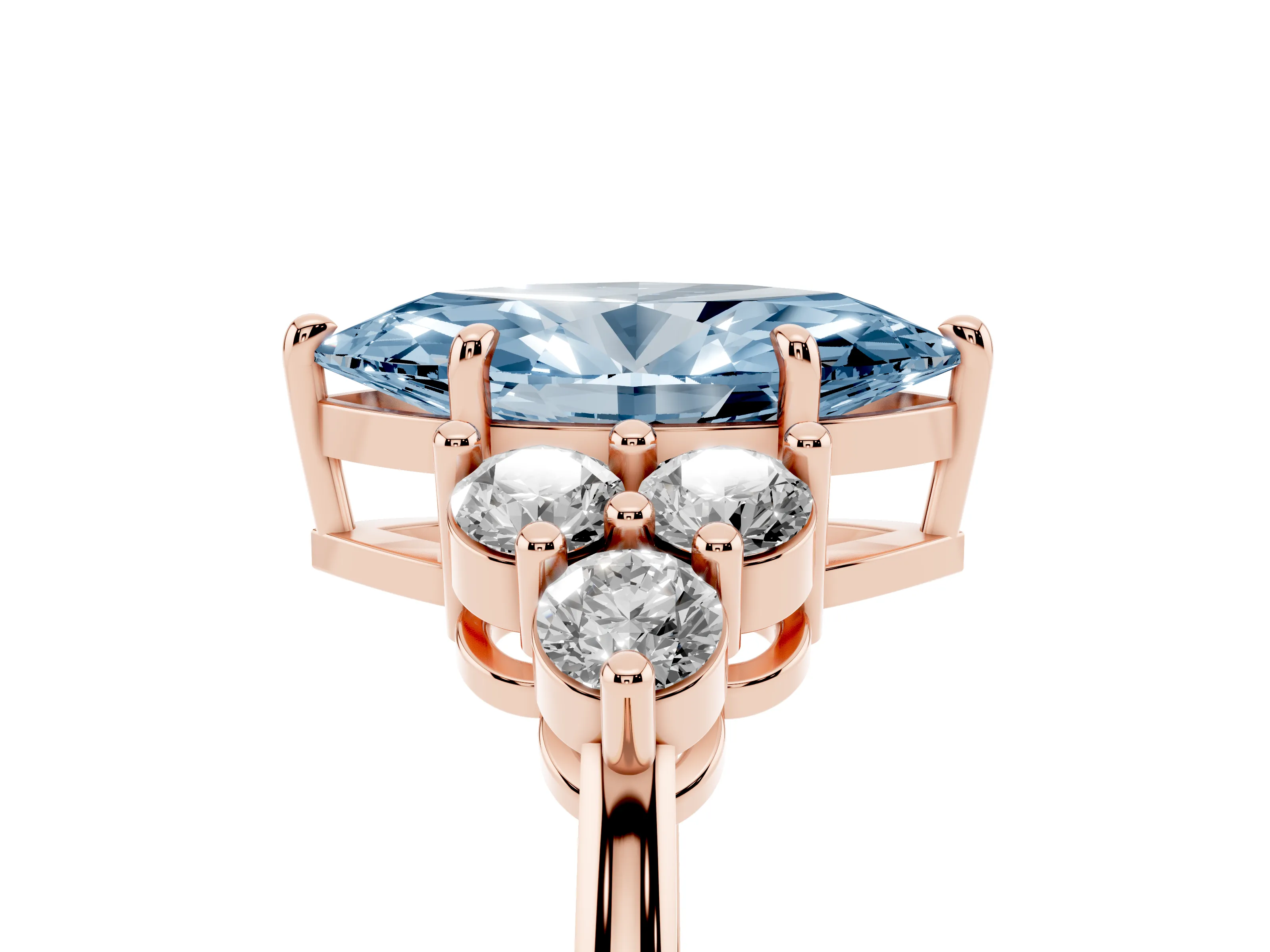 Fancy Blue Marquise Cut Diamond Solitaire Ring Set in Rose gold with Cluster Accents on Each Side