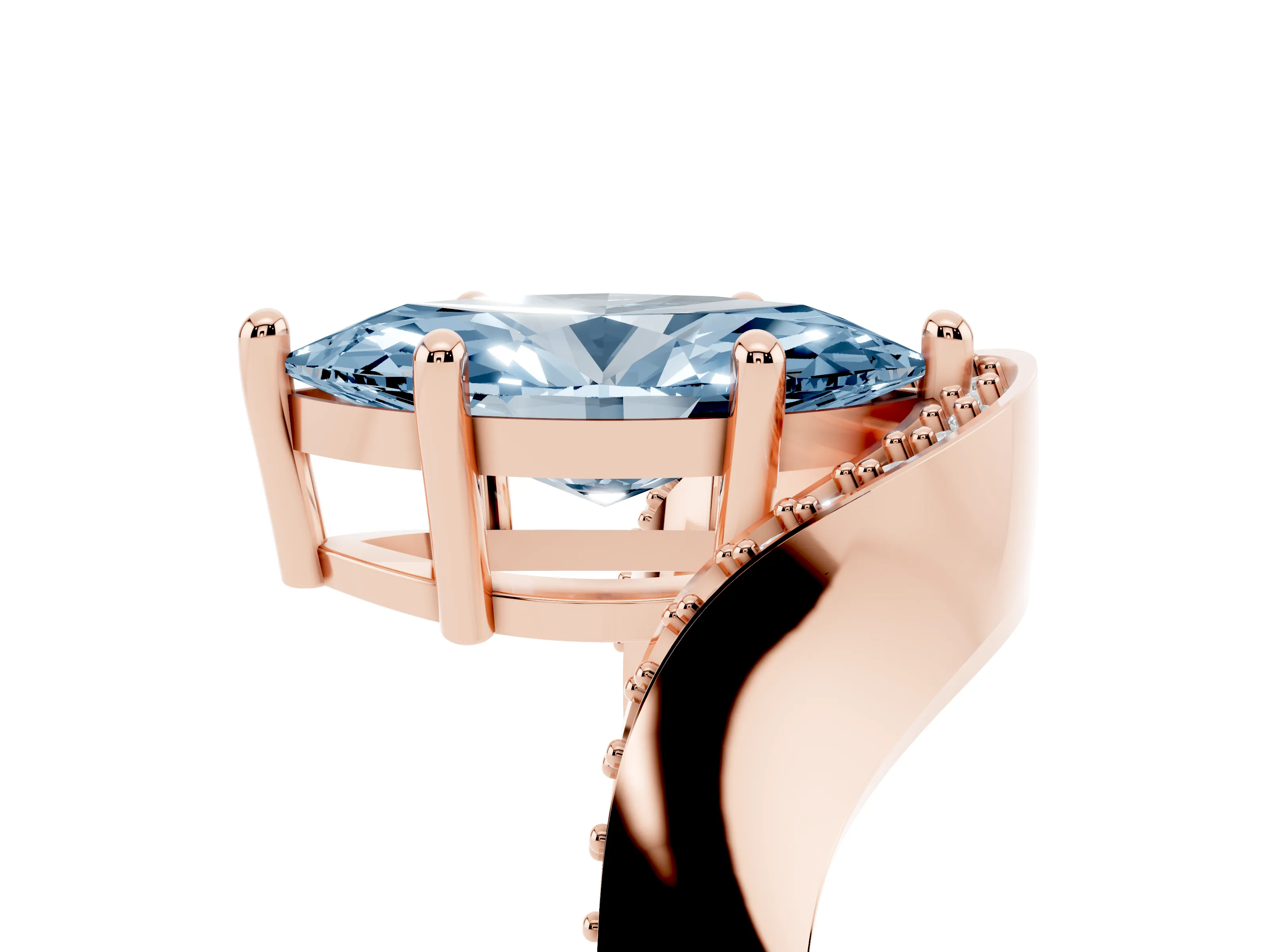 Fancy Blue Marquise Cut Diamond Solitaire Engagement Ring Set in Rose gold with Pavé Shoulders