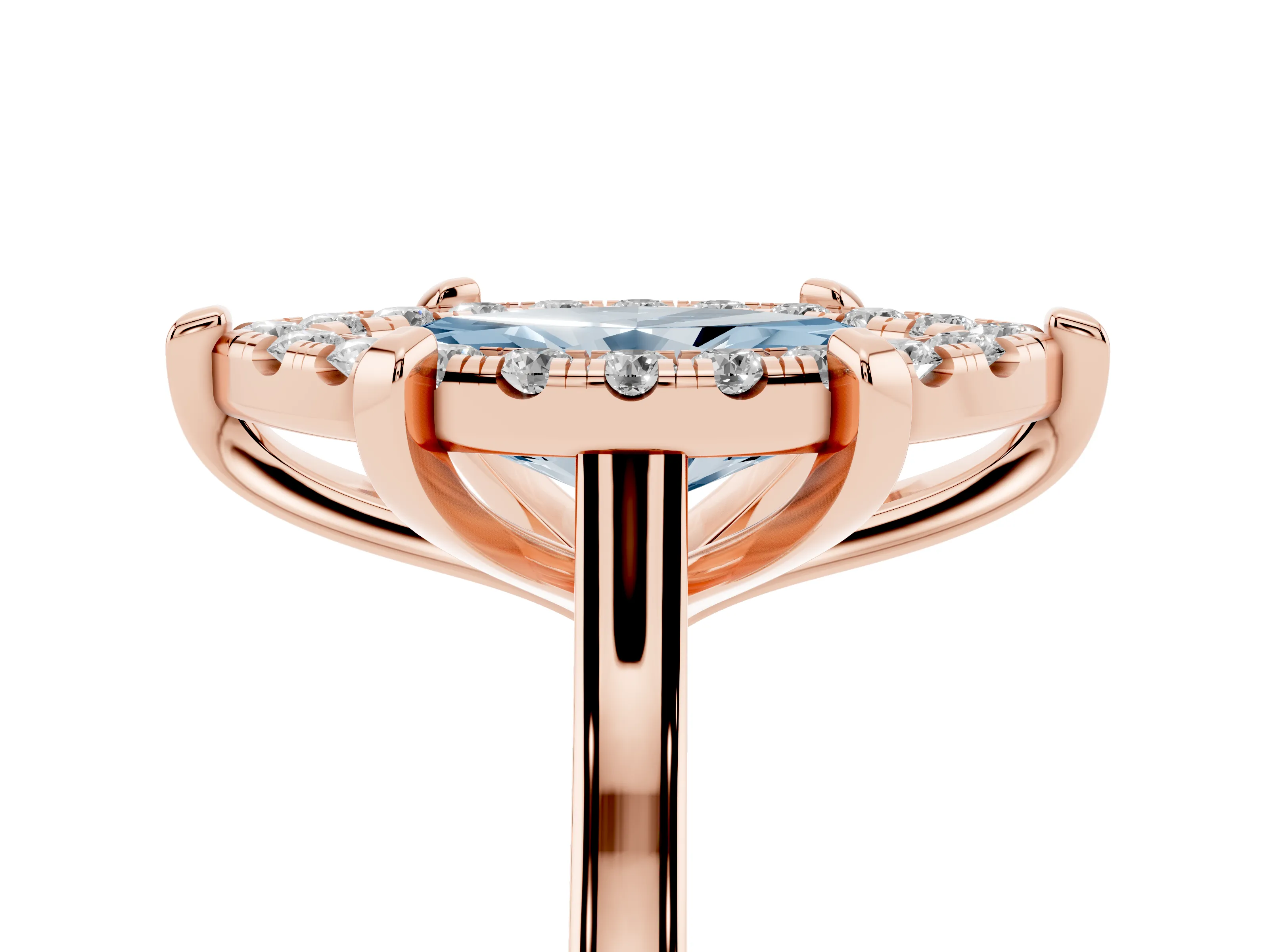 Fancy Blue Marquise Cut Diamond Cluster Halo Solitaire Ring Set in Rose gold with Prong Setting