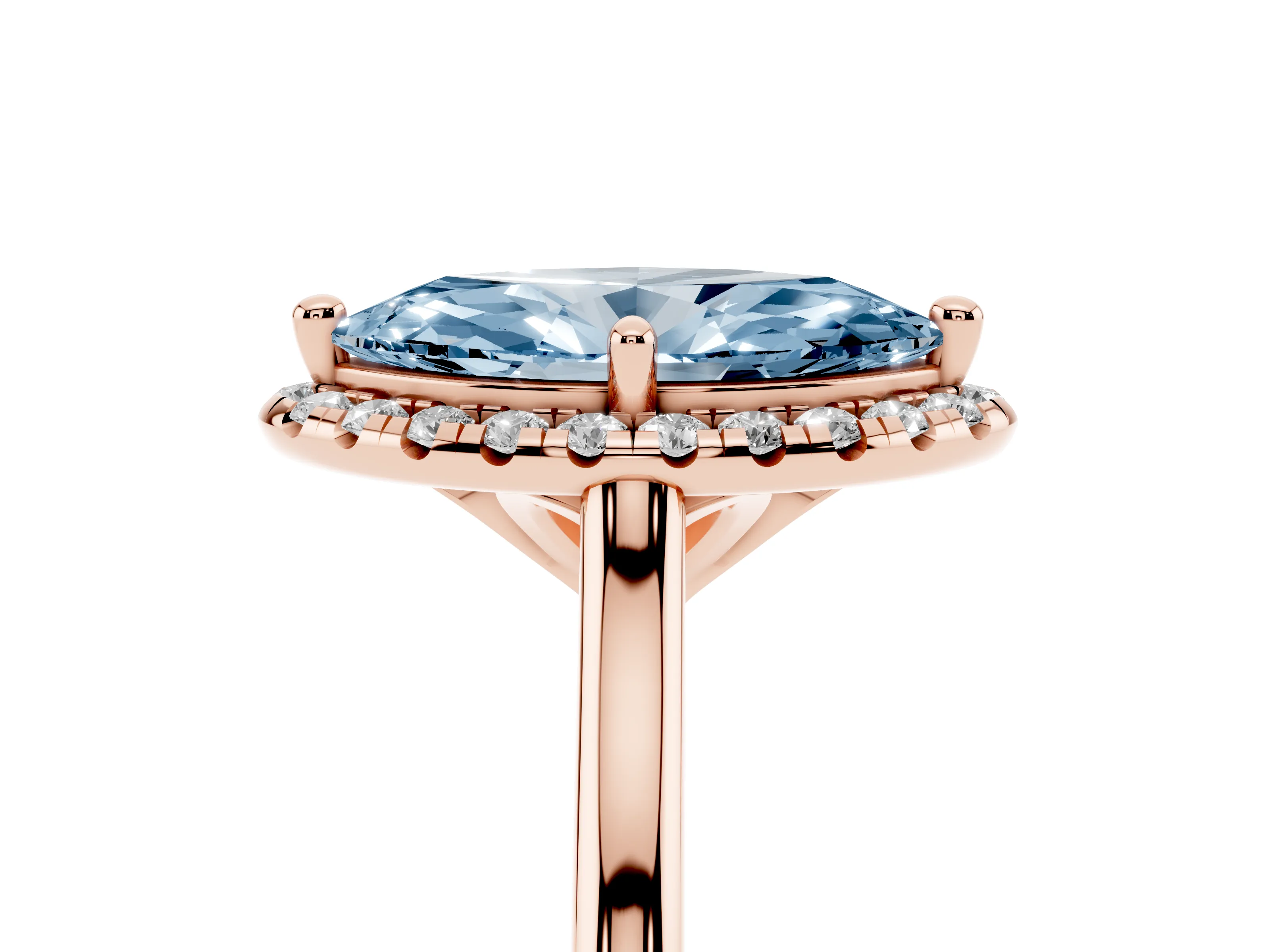 Fancy Blue Marquise Cut Diamond Halo Engagement Ring Set in Rose gold with Pavé Band and Rising Shoulders