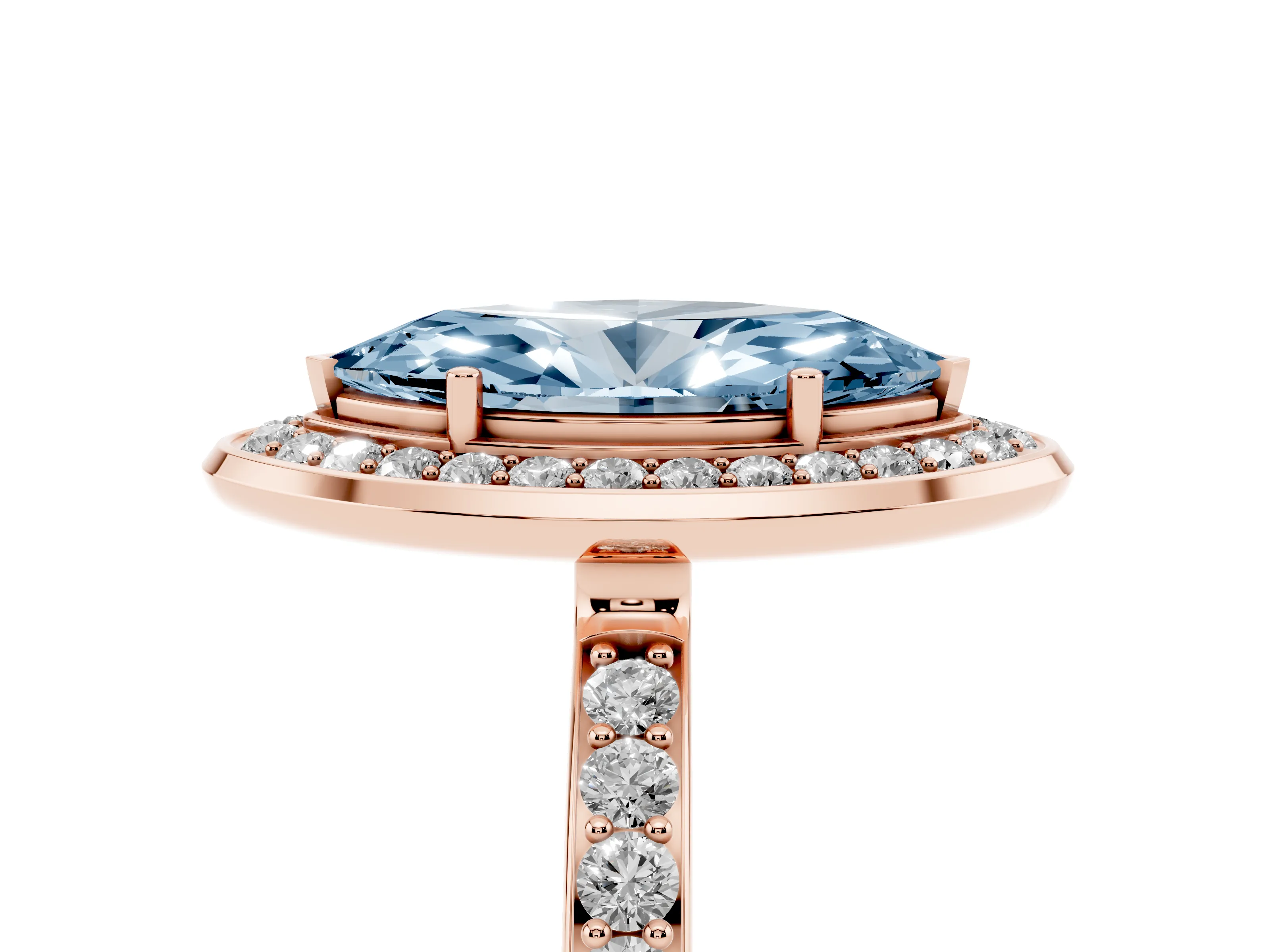 Fancy Blue Marquise Cut Diamond Halo Ring Set in Rose gold with Bezel Frame and Pavé Band