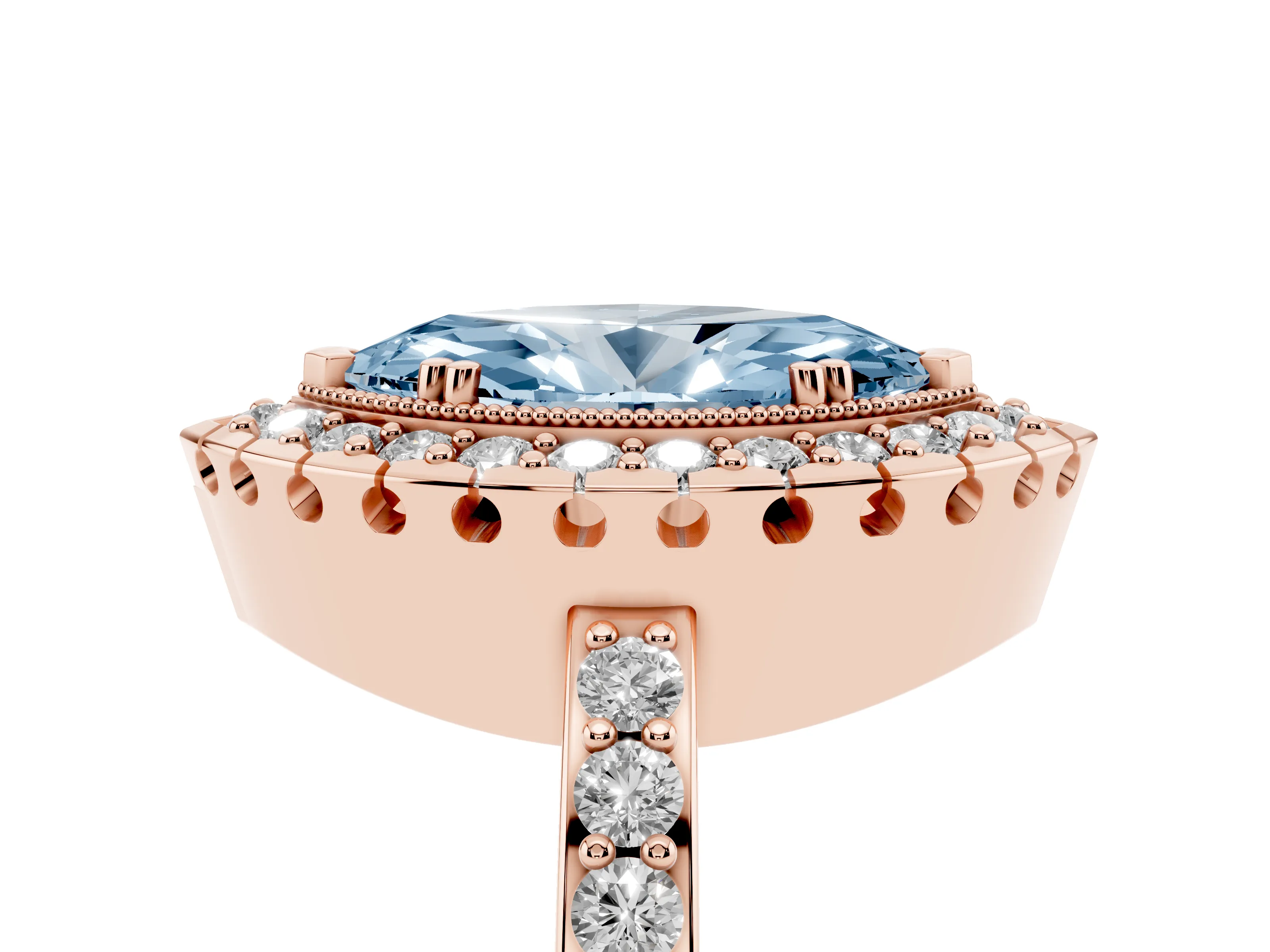 Fancy Blue Marquise Cut Diamond Halo Ring Set in Rose gold with Pavé Shank and Prong Setting