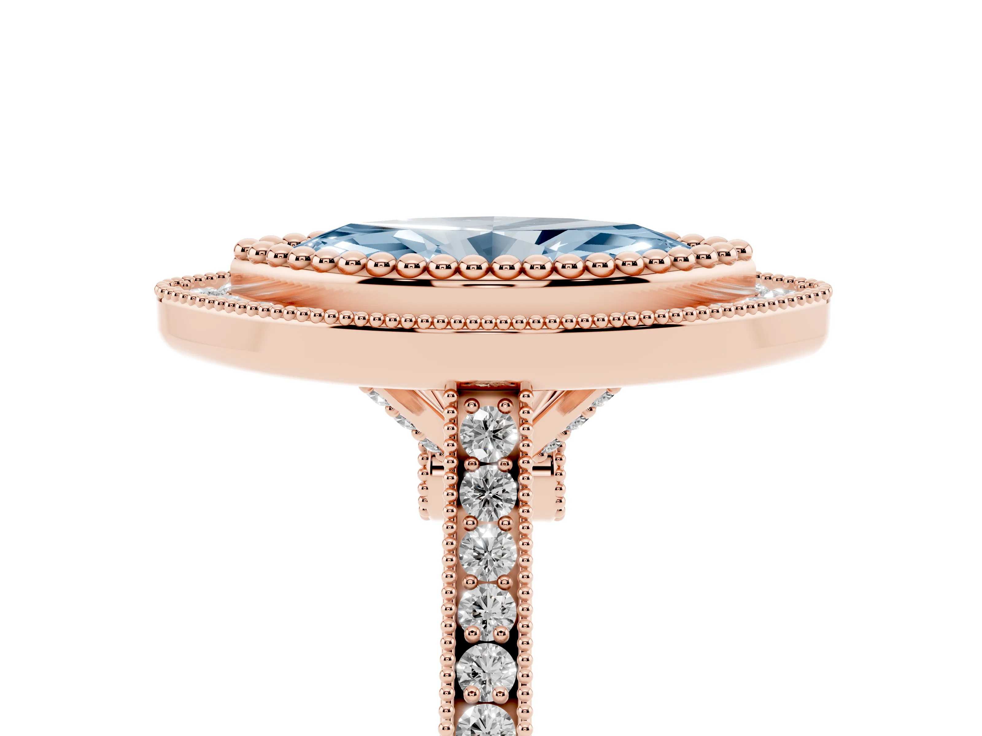 Fancy Blue Marquise Cut Diamond Halo Ring Set in Rose gold with Milgrain Frame and Pavé Band