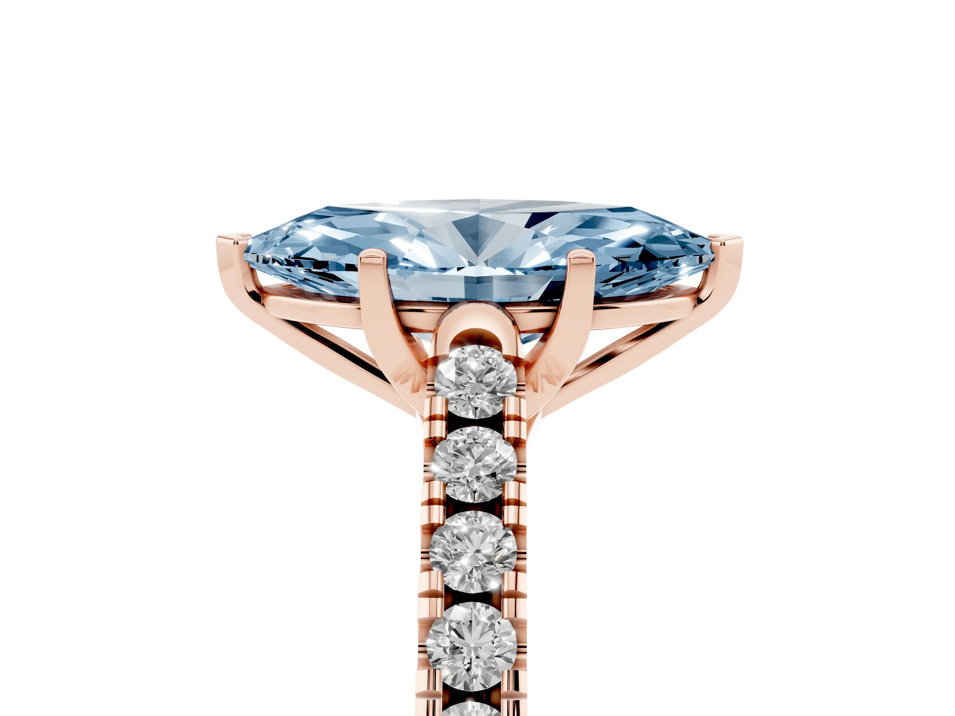Fancy Blue Marquise Cut Diamond Pavé Band Solitaire Ring Set in Rose gold with Partway Accent Stones and Prong Setting
