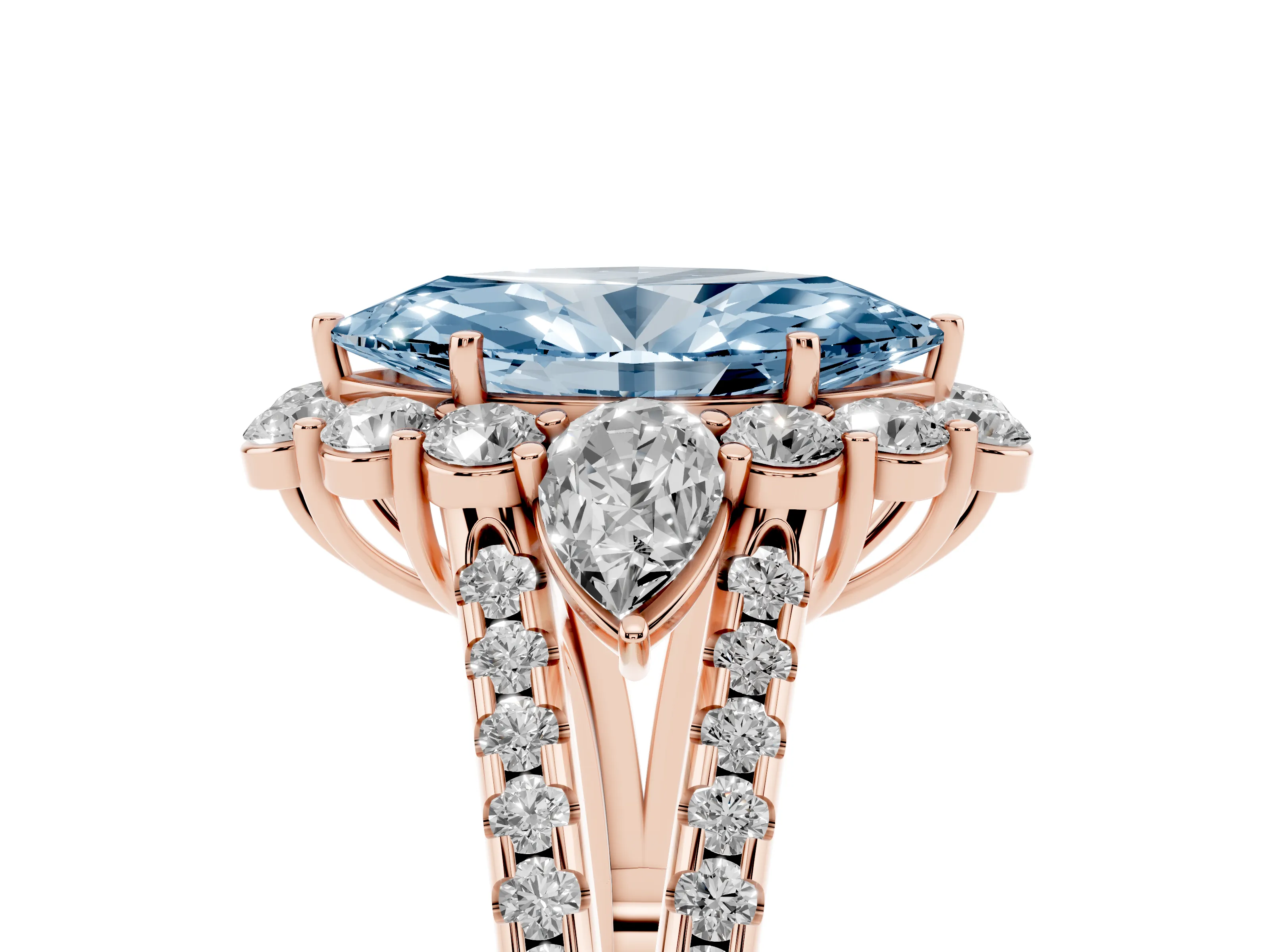 Fancy Blue Marquise Cut Diamond Halo Split Shank Engagement Ring Set in Rose gold with Prong-Held Center Stone