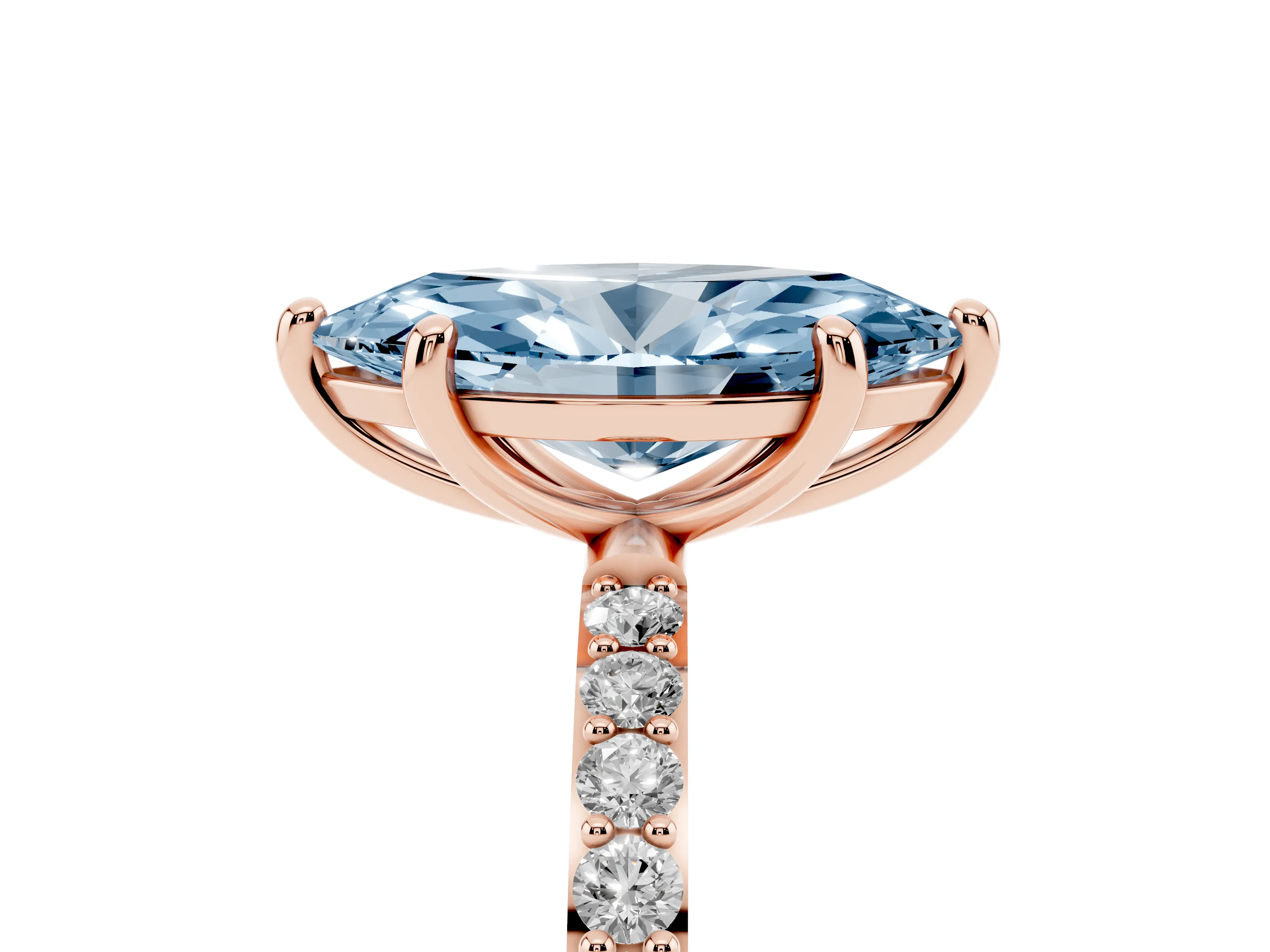 Fancy Blue Marquise Cut Diamond Solitaire Ring Set in Rose gold with Round Pavé Band and Prong Setting