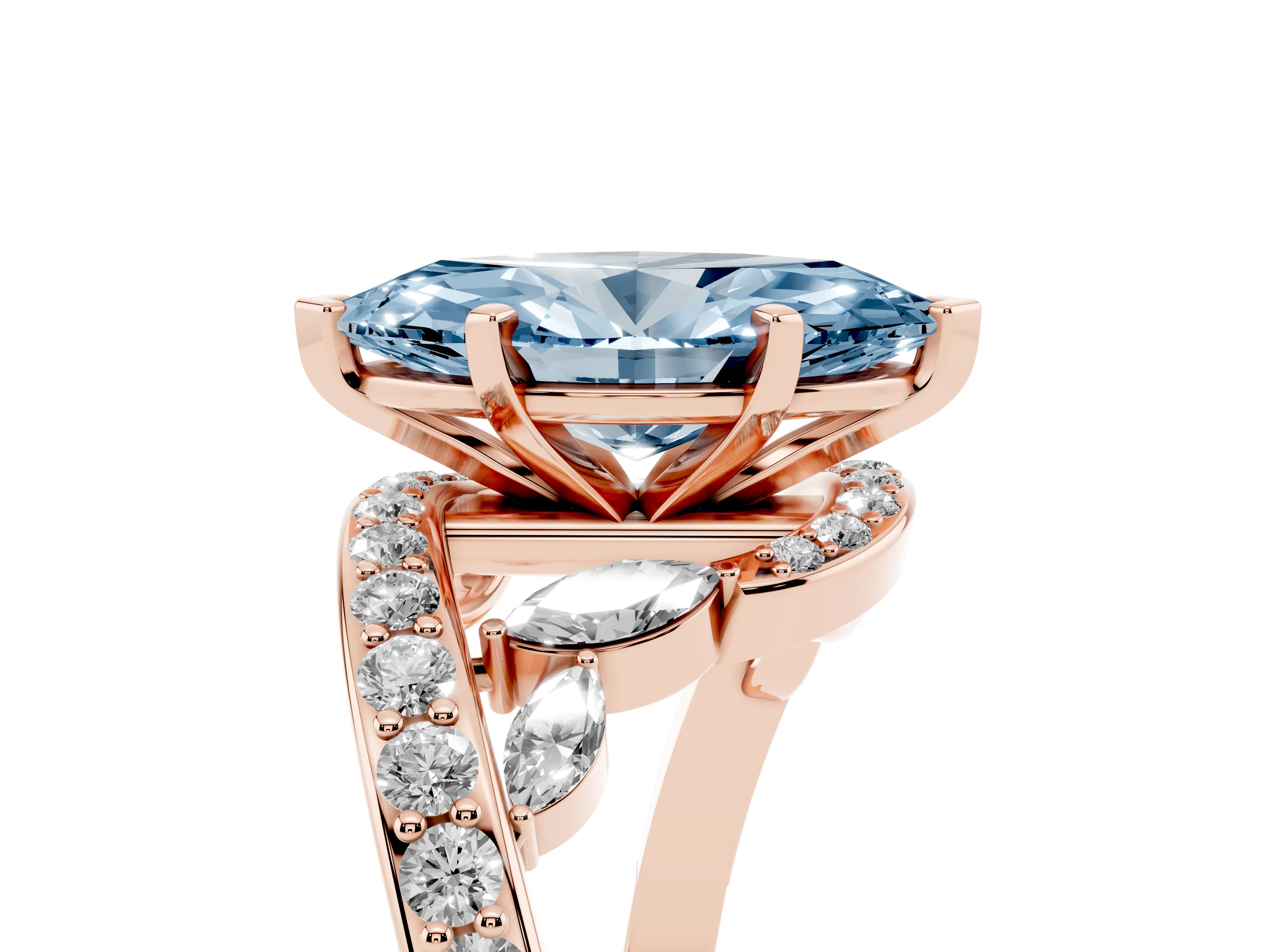 Fancy Blue Marquise Cut Diamond Solitaire Ring Set in Rose gold with Pavé Twist Band and Secure Prong Setting