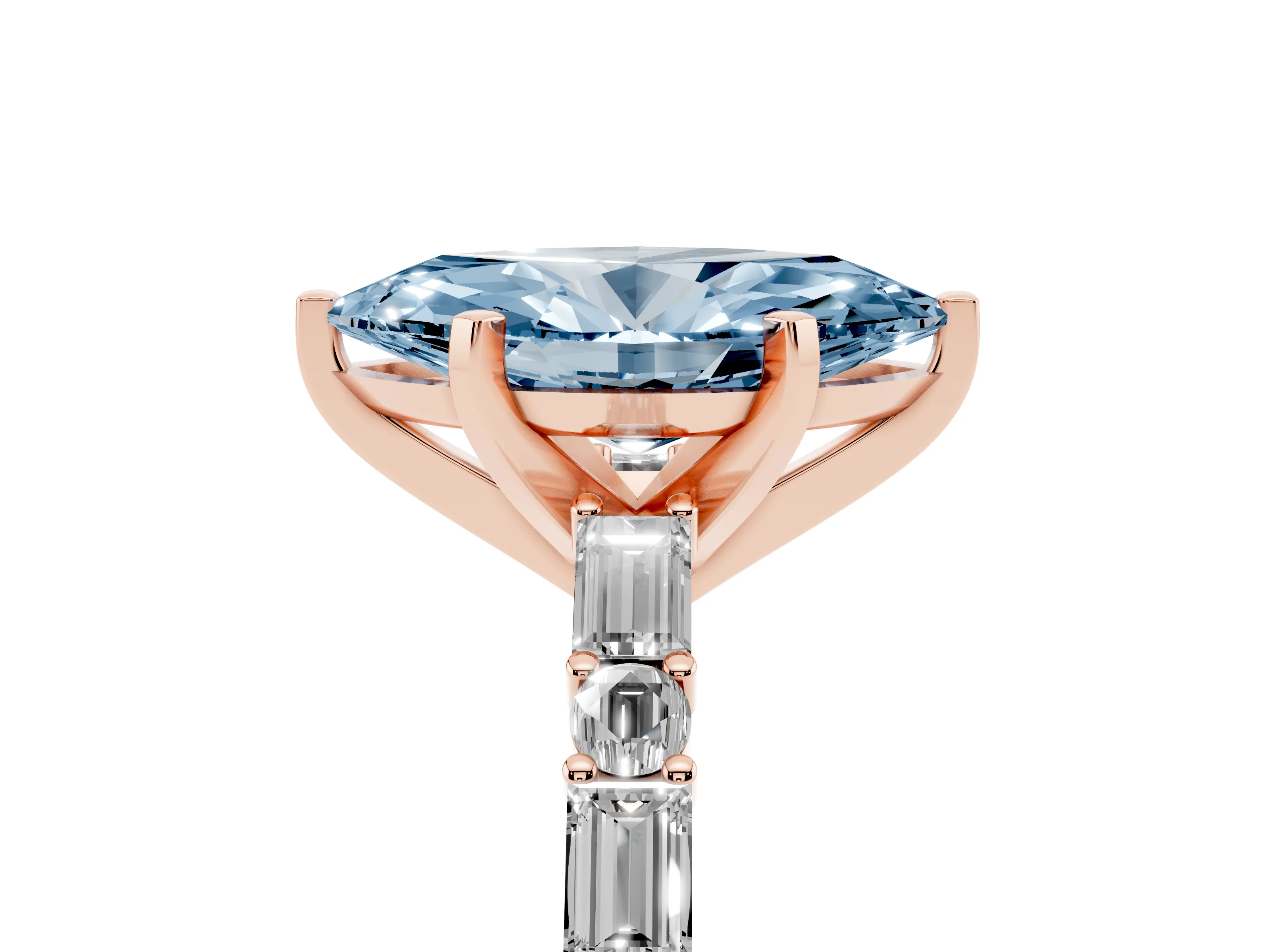 Fancy Blue Marquise Cut Diamond Solitaire Set in Rose gold with Side Baguettes and Channel Set Band